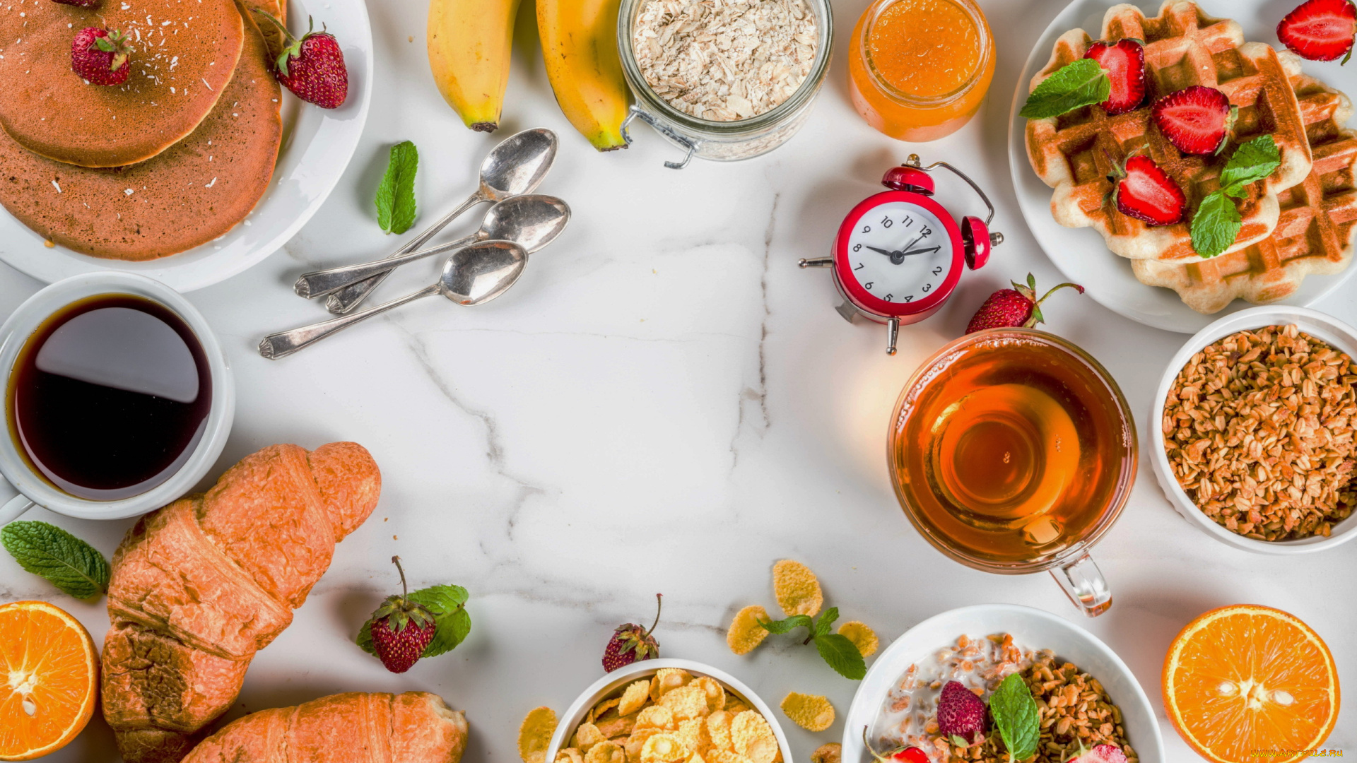 еда, разное, завтрак, хлопья, мюсли, круассаны, чай, кофе