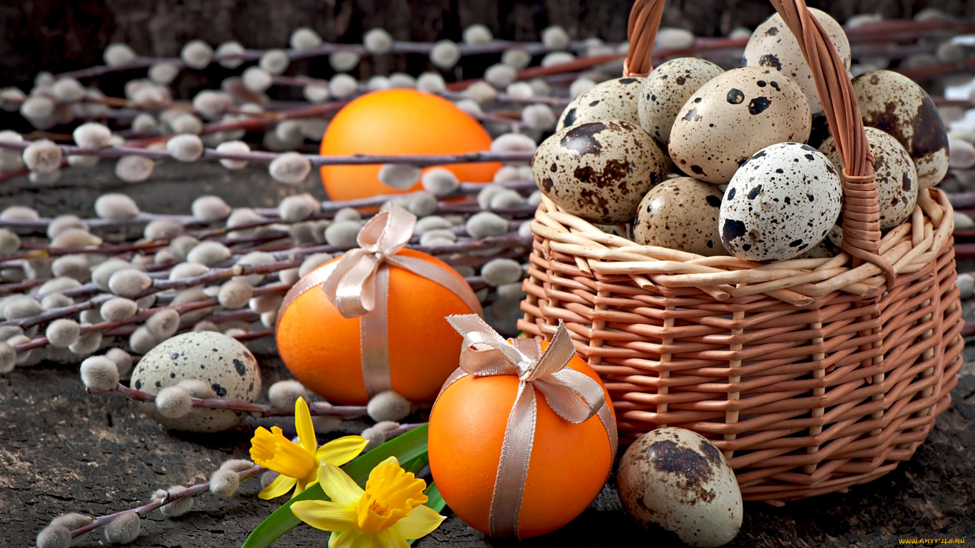 праздничные, пасха, верба, ветки, яйца, корзина, нарциссы