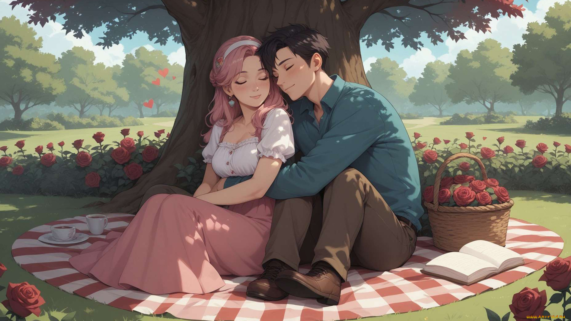 рисованное, люди, нейросети, графика, нейроарт, ai, art, нейронные, сети, рисунки, нейро, искусство, нейрографика, graphics, neuroart, neural, networks, drawings, neuro, neurography, парень, и, девушка, сидят, под, деревом