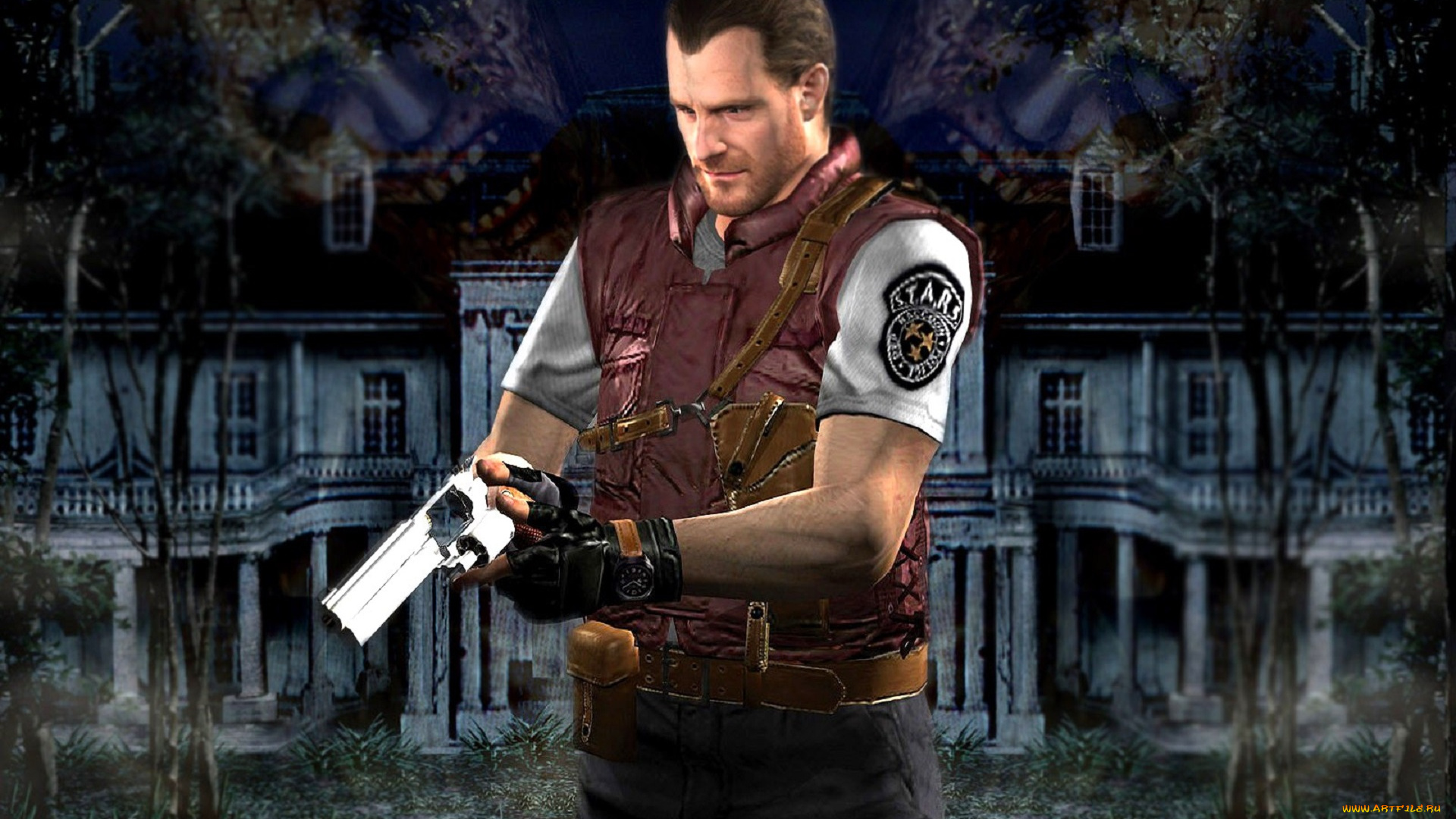 видео, игры, resident, evil, полицейский, пистолет, дом, деревья, монстры