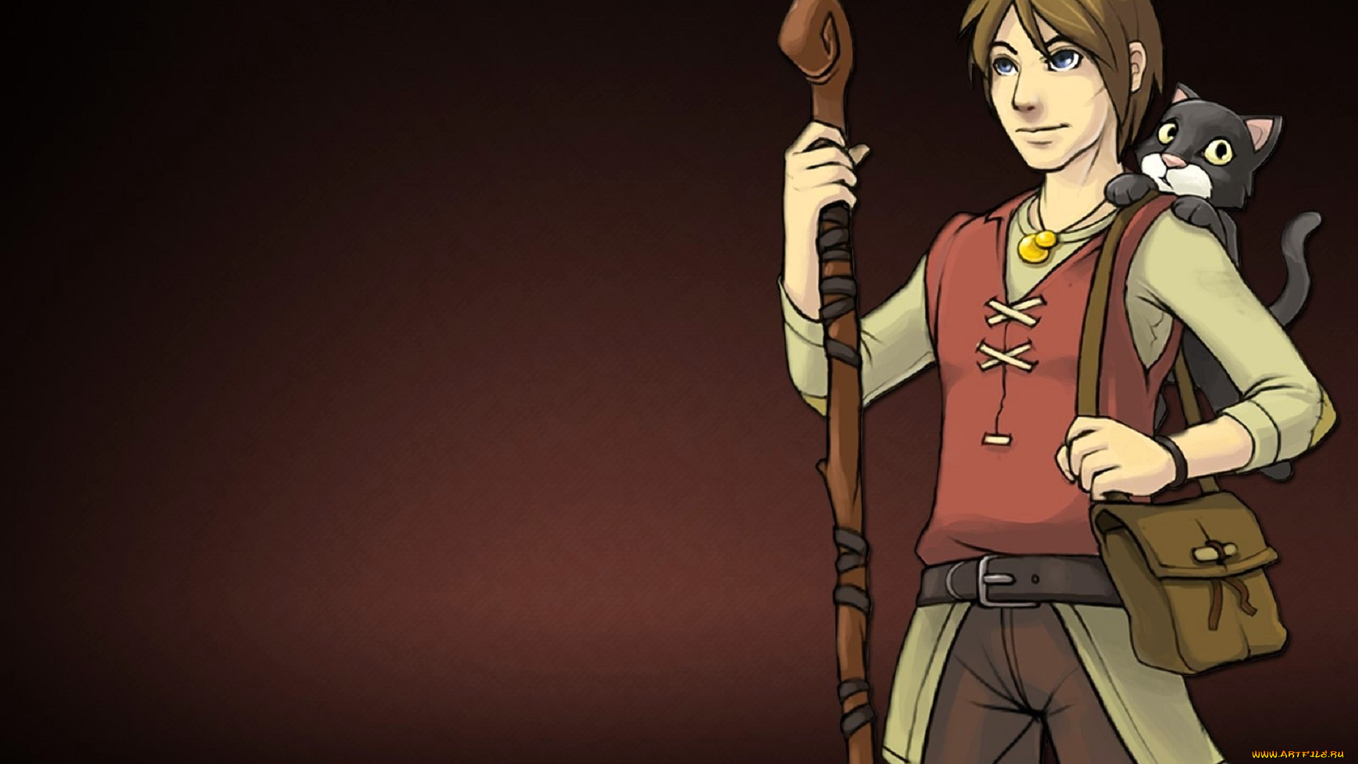 видео, игры, twin, skies, парень, посох, сумка, кот