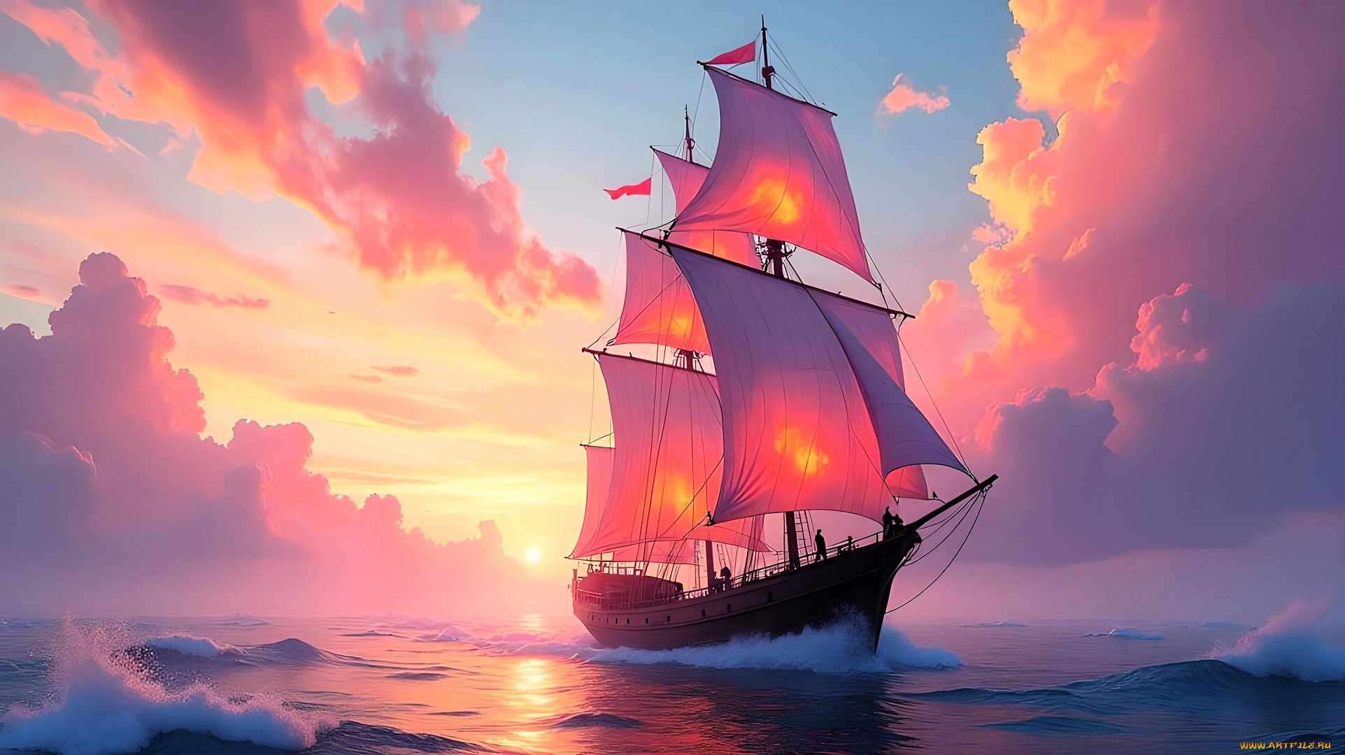 корабли, 3d, парусник, море, облака, закат