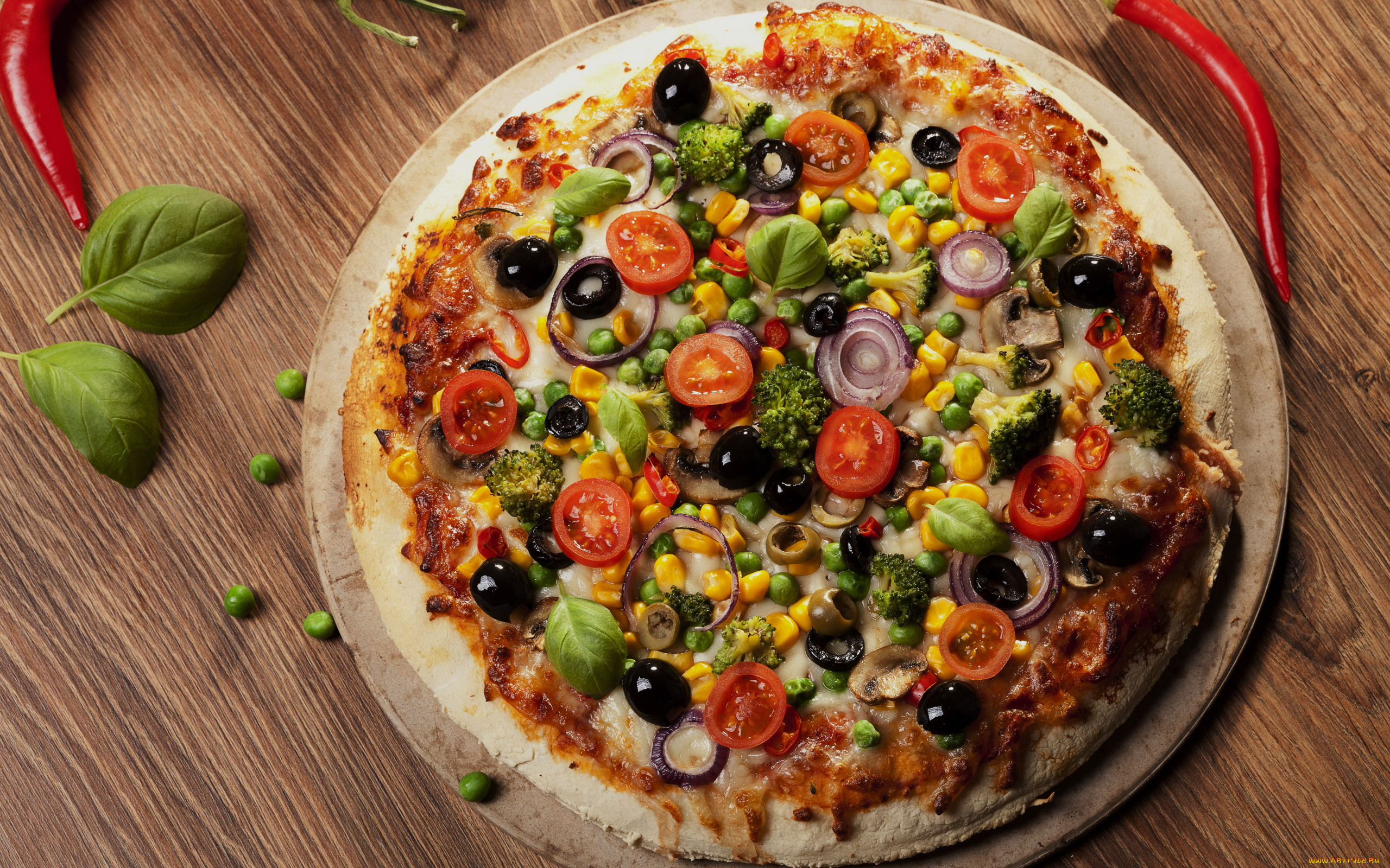 еда, пицца, овощная, базилик, маслины