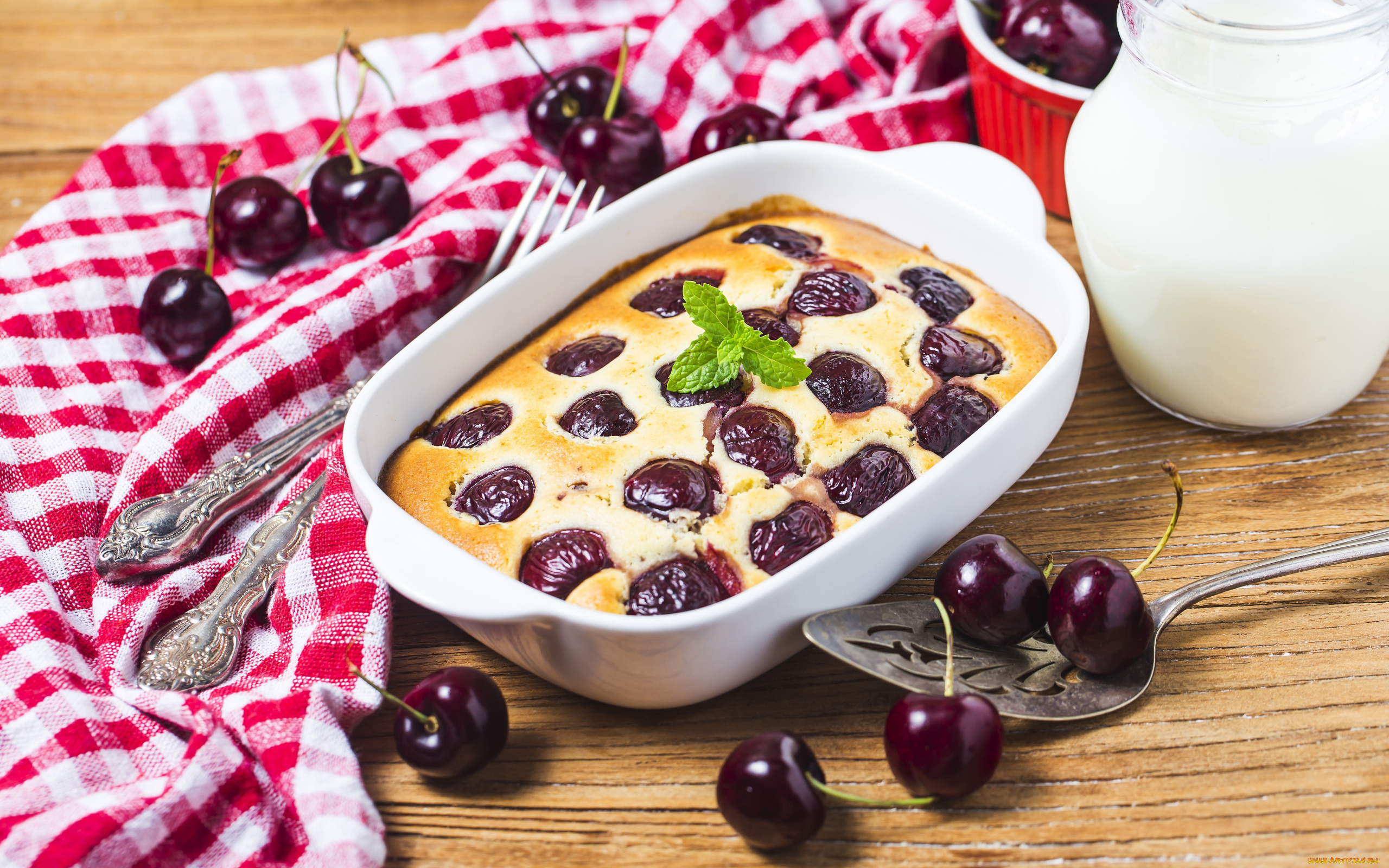 еда, пироги, вишни, пирог, вишневый, мята