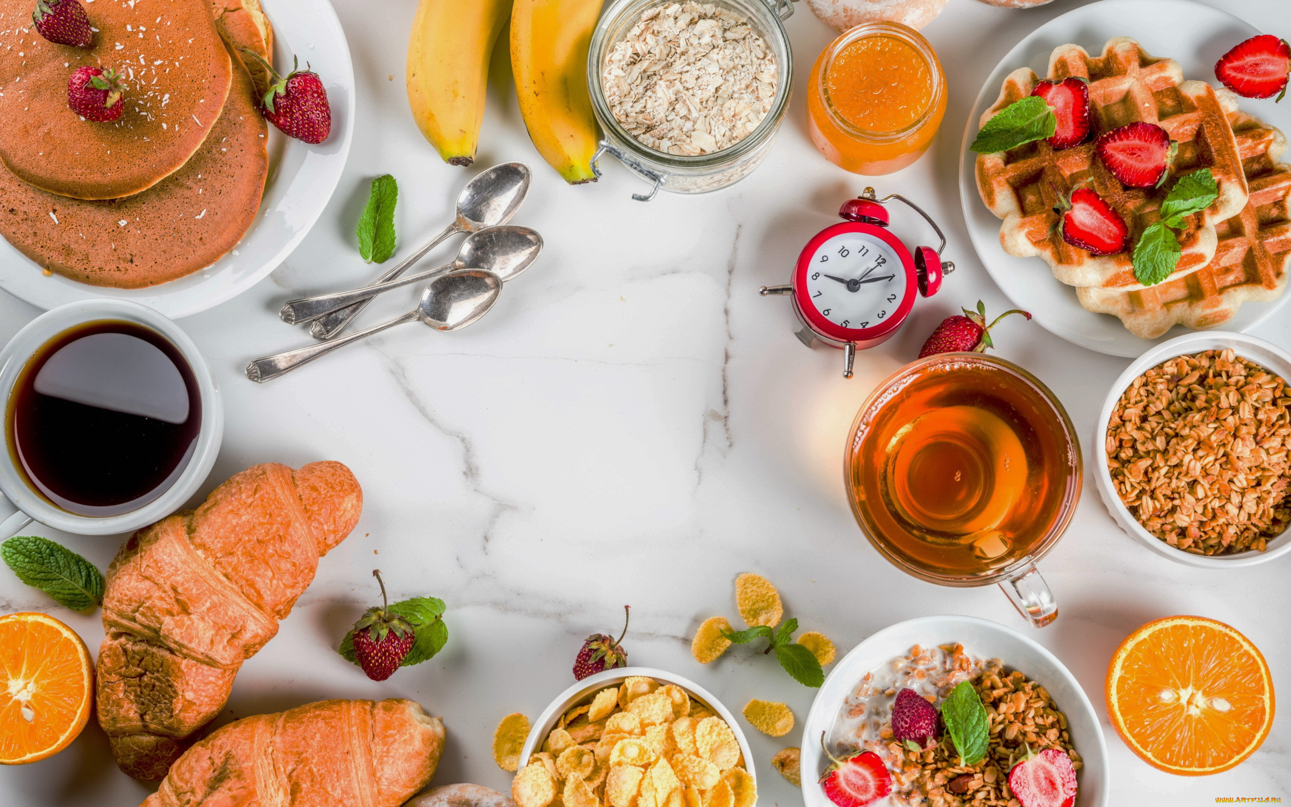 еда, разное, завтрак, хлопья, мюсли, круассаны, чай, кофе