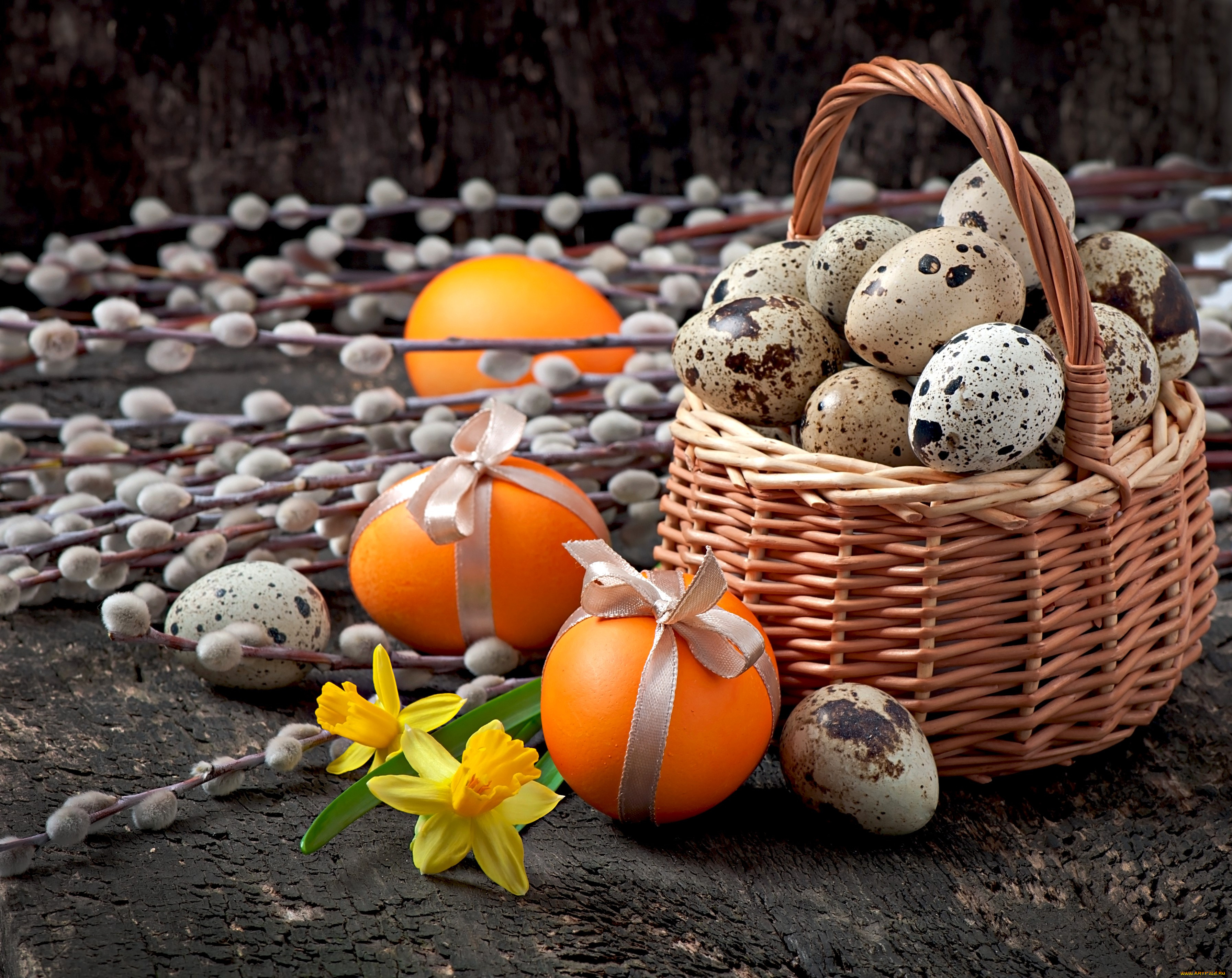 праздничные, пасха, верба, ветки, яйца, корзина, нарциссы