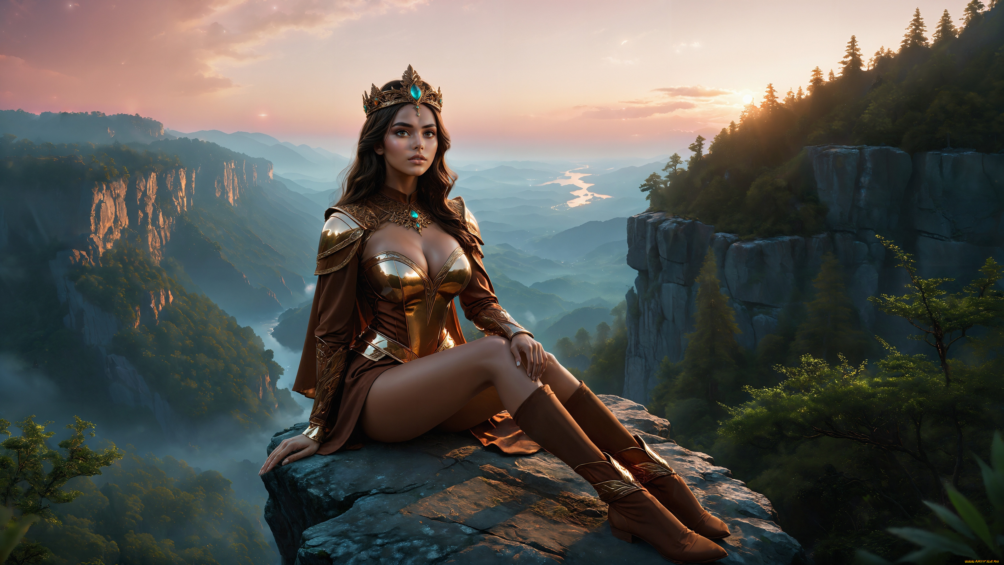 3д, графика, фантазия, , fantasy, природа, лес, горы, скалы, девушка, принцесса, корона, неросеть