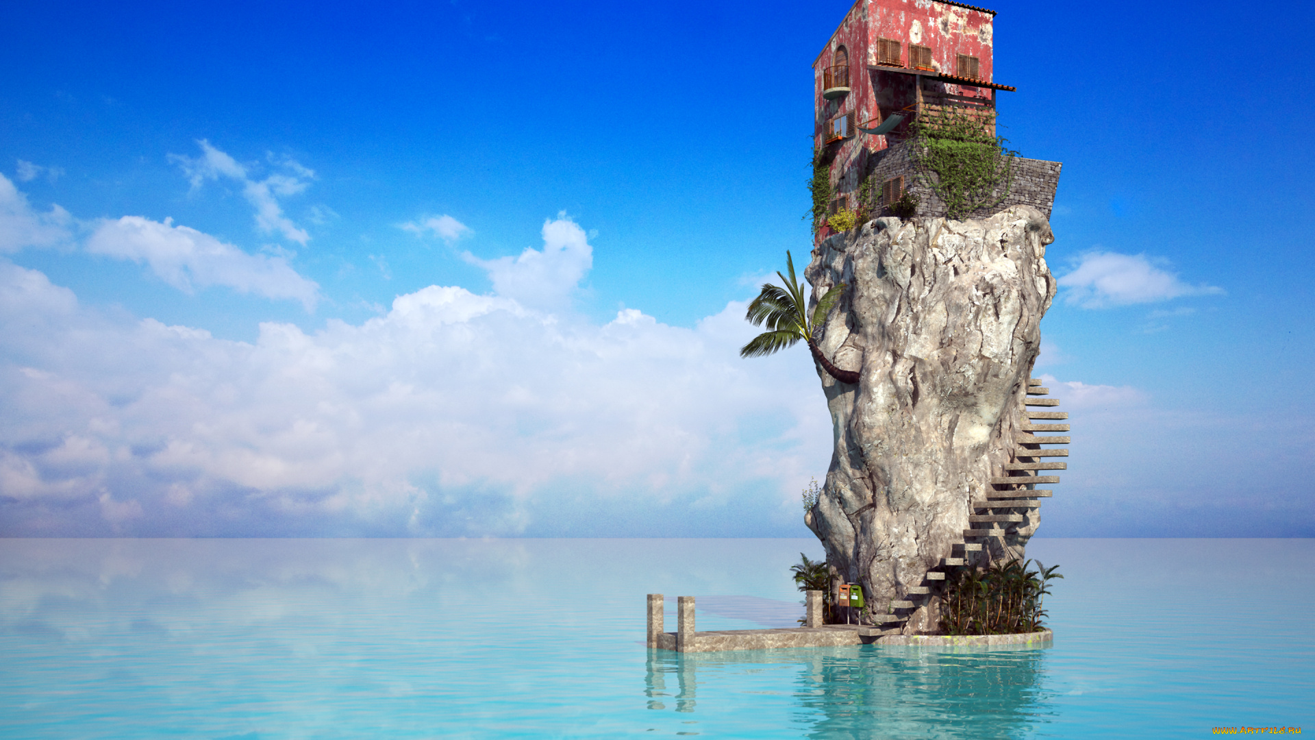 3д, графика, nature, landscape, природа, скала, дом, пальмы, облака, океан, лестница, вода