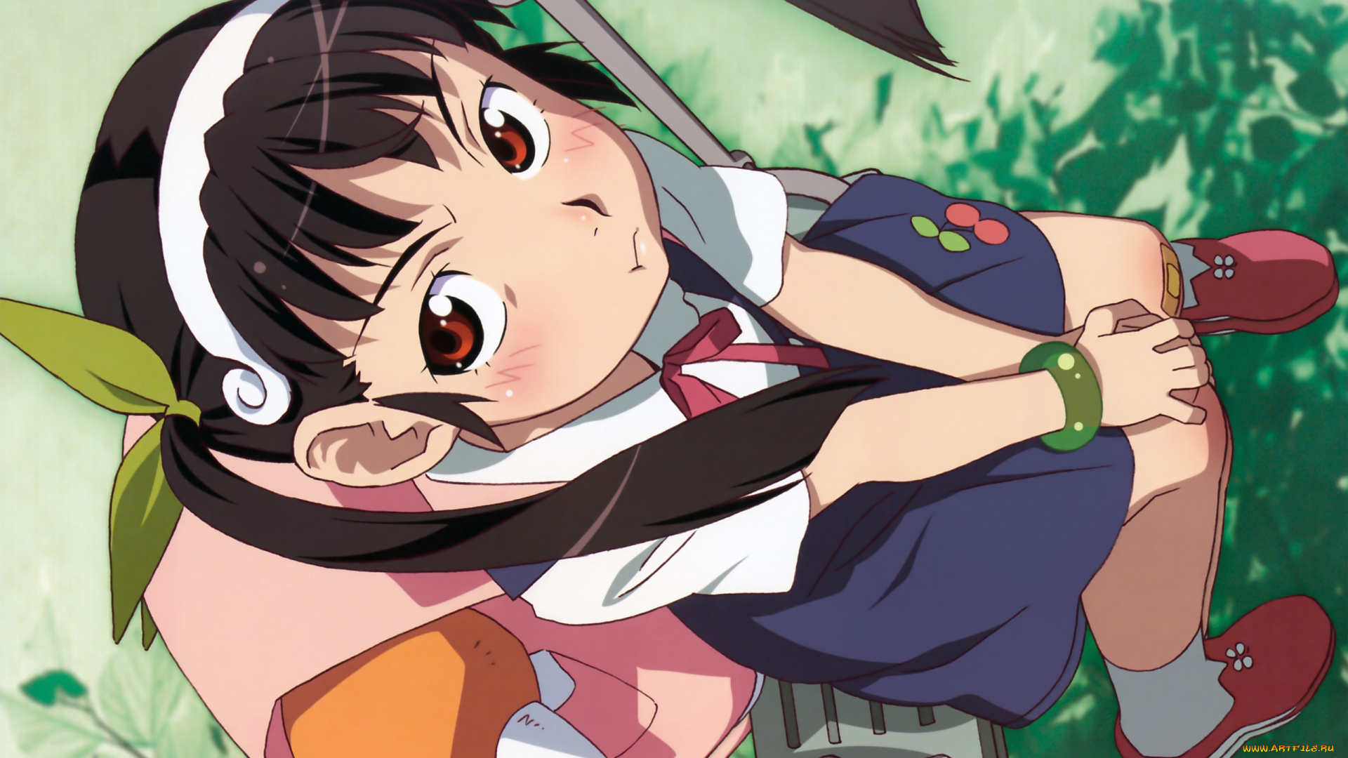 аниме, bakemonogatari, hachikuji, mayoi, девушка, форма, портфель, бант, качели, трава