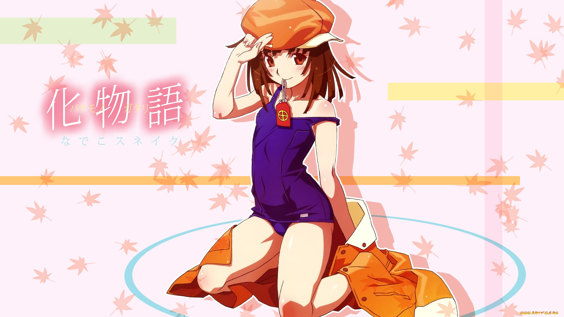 аниме, bakemonogatari, sengoku, nadeko, шляпа, девушка, купальник, оберег, надпись, пиджак