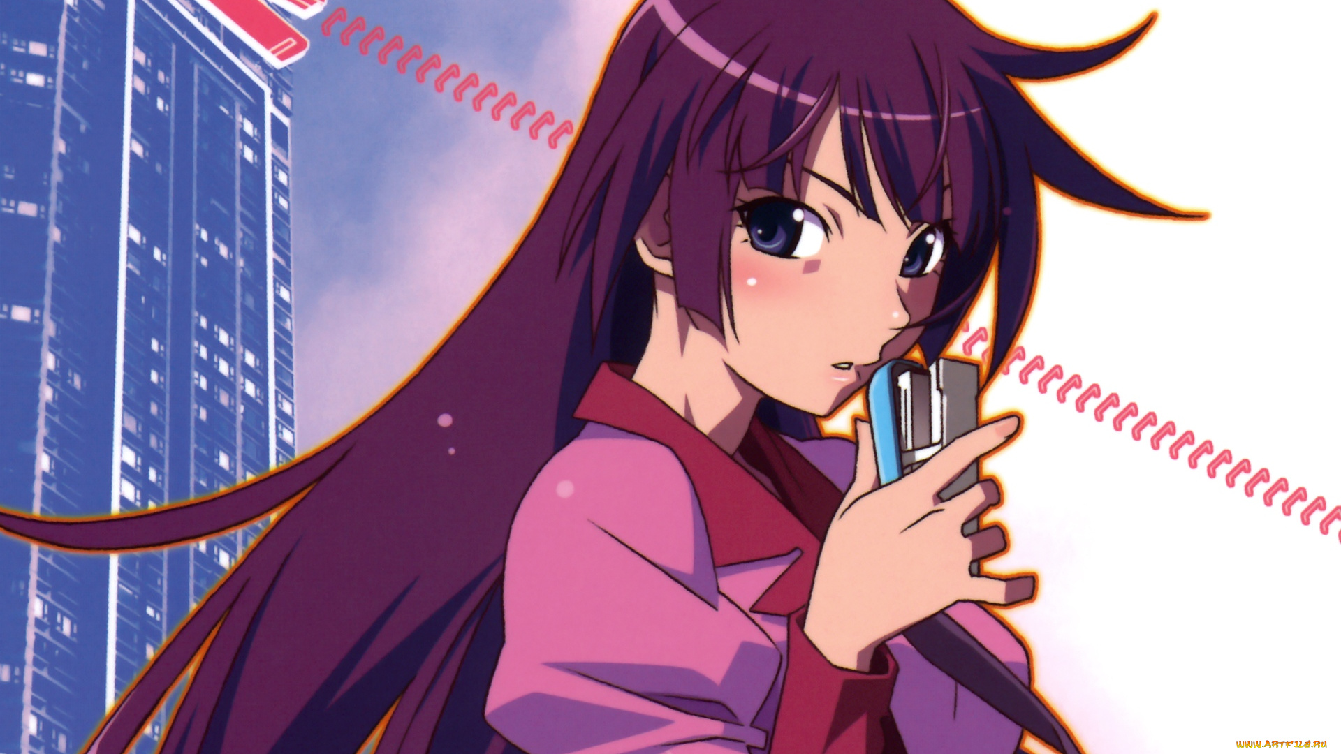 аниме, bakemonogatari, senjougahara, hitagi, девушка, форма, степлер, дом