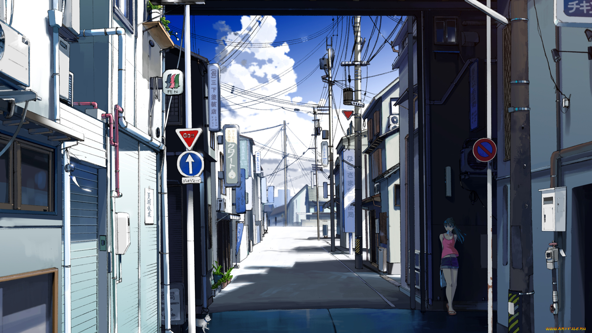 аниме, *unknown, другое, девушка, улица, город, мороженое, указатели, провода, дома, дорога, небо, облака, свет