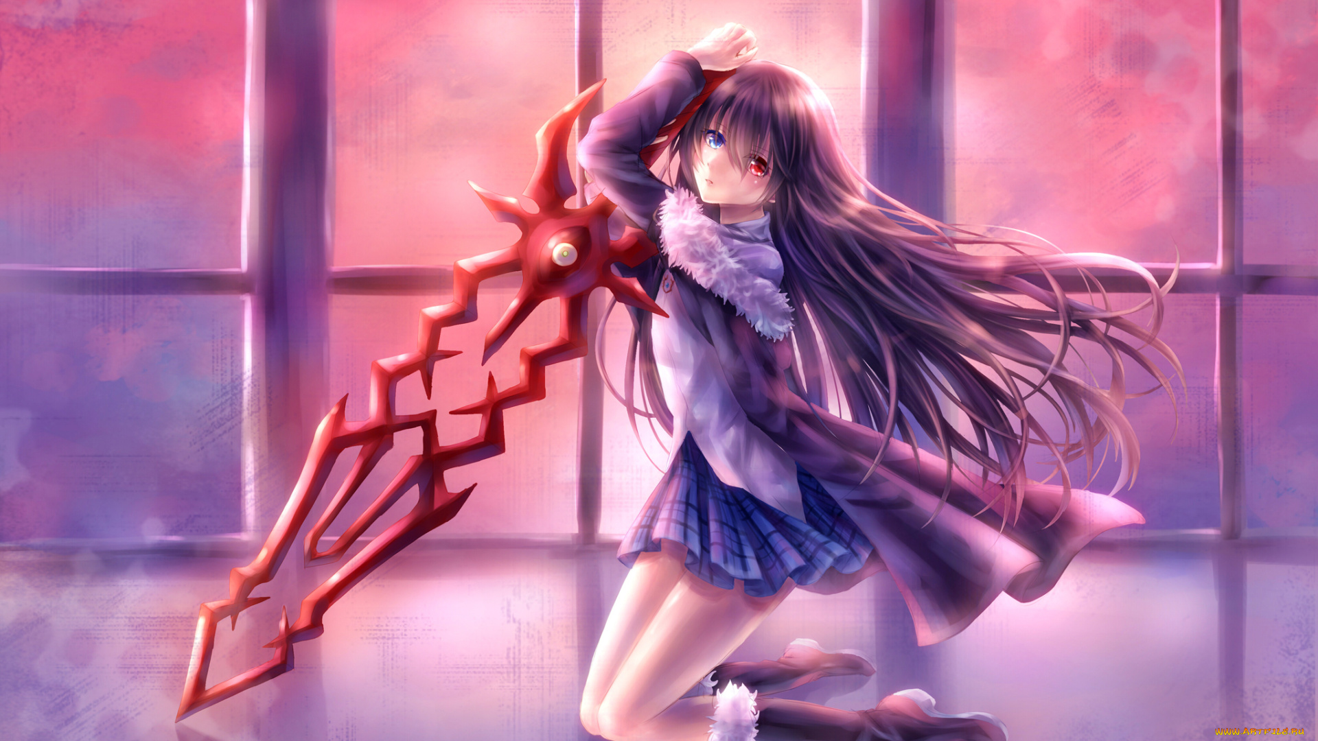 аниме, weapon, blood, technology, девушка, меч