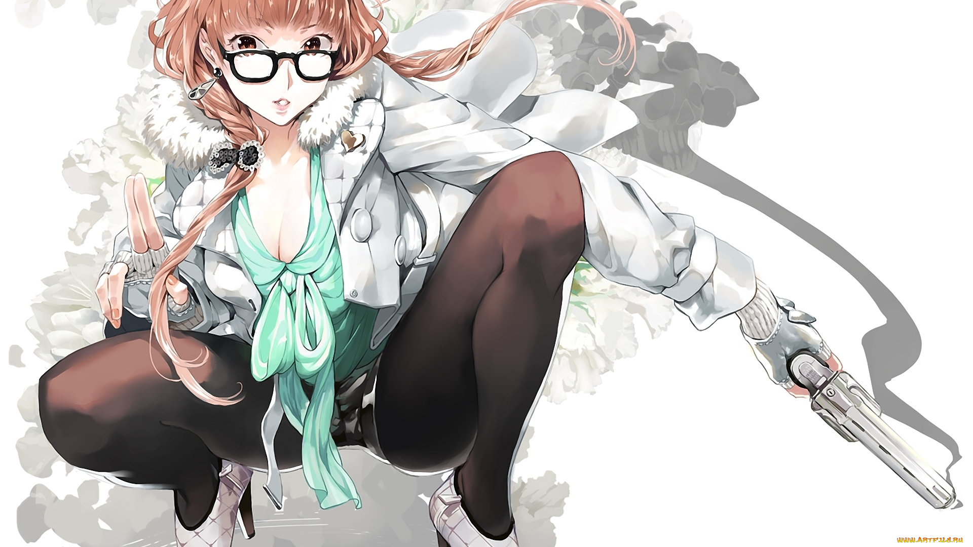 аниме, weapon, blood, technology, девушка, оружие, пистолет, сидя, очки, рыжая