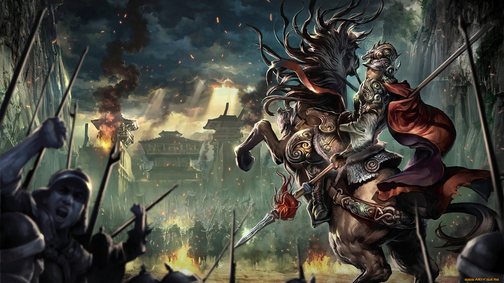 фэнтези, всадники, наездники, девушка, конь, воительница, всадница, сражение