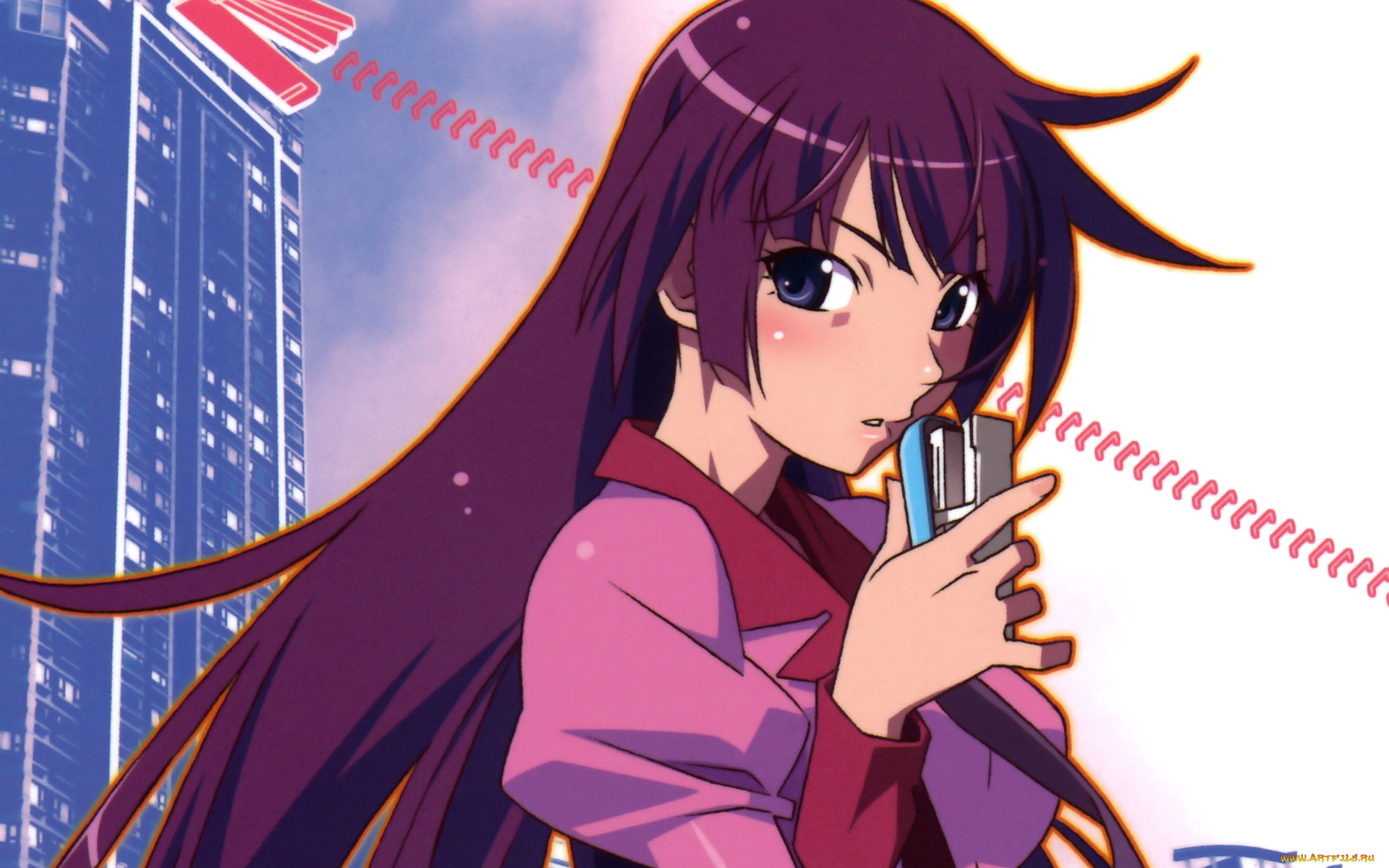 аниме, bakemonogatari, senjougahara, hitagi, девушка, форма, степлер, дом