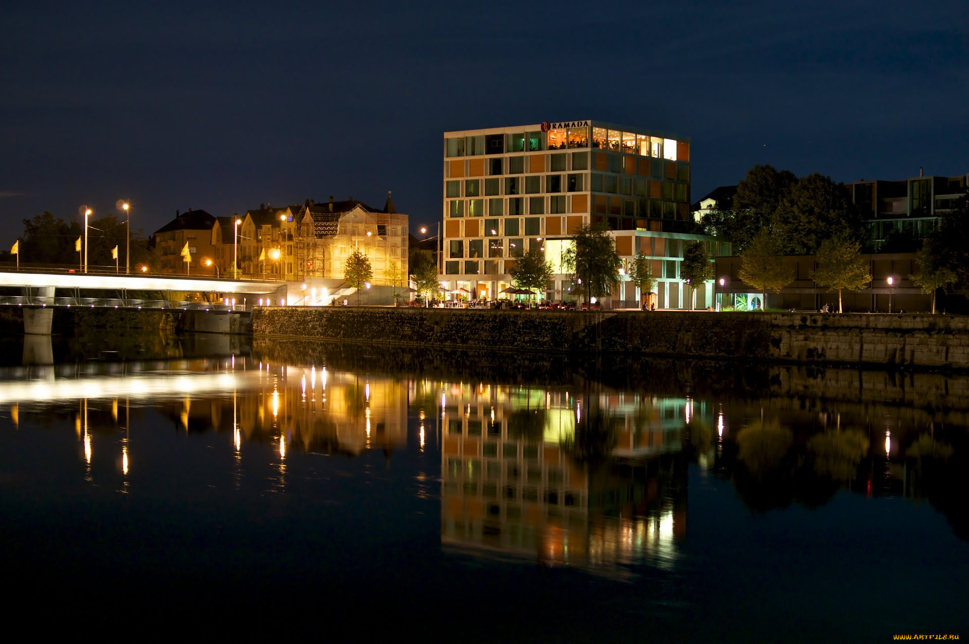 города, огни, ночного, швейцария, золотурн