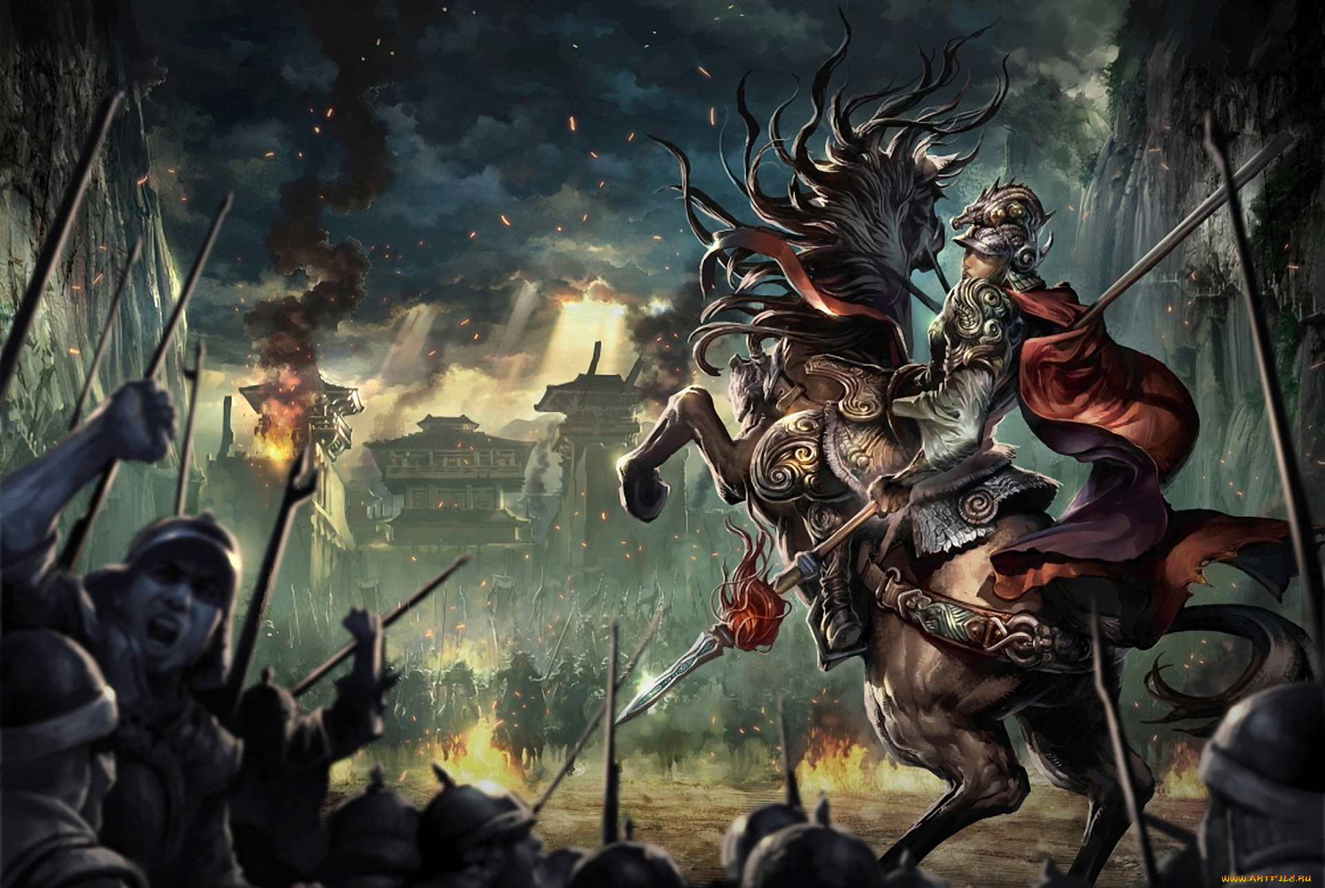 фэнтези, всадники, наездники, девушка, конь, воительница, всадница, сражение