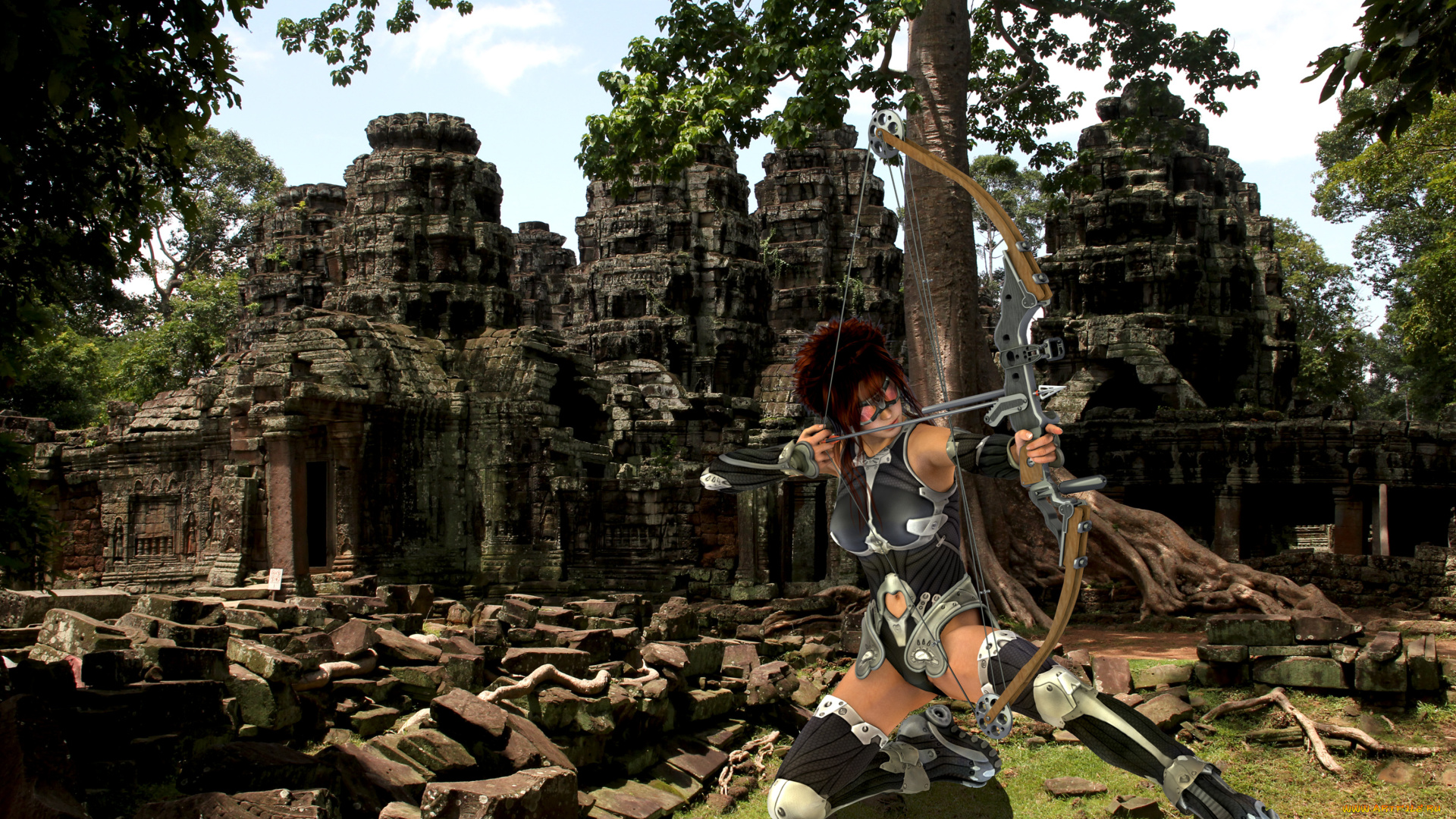 3д, графика, amazon, амазонки, стрела, лук, дерево, камни, руины, лучница