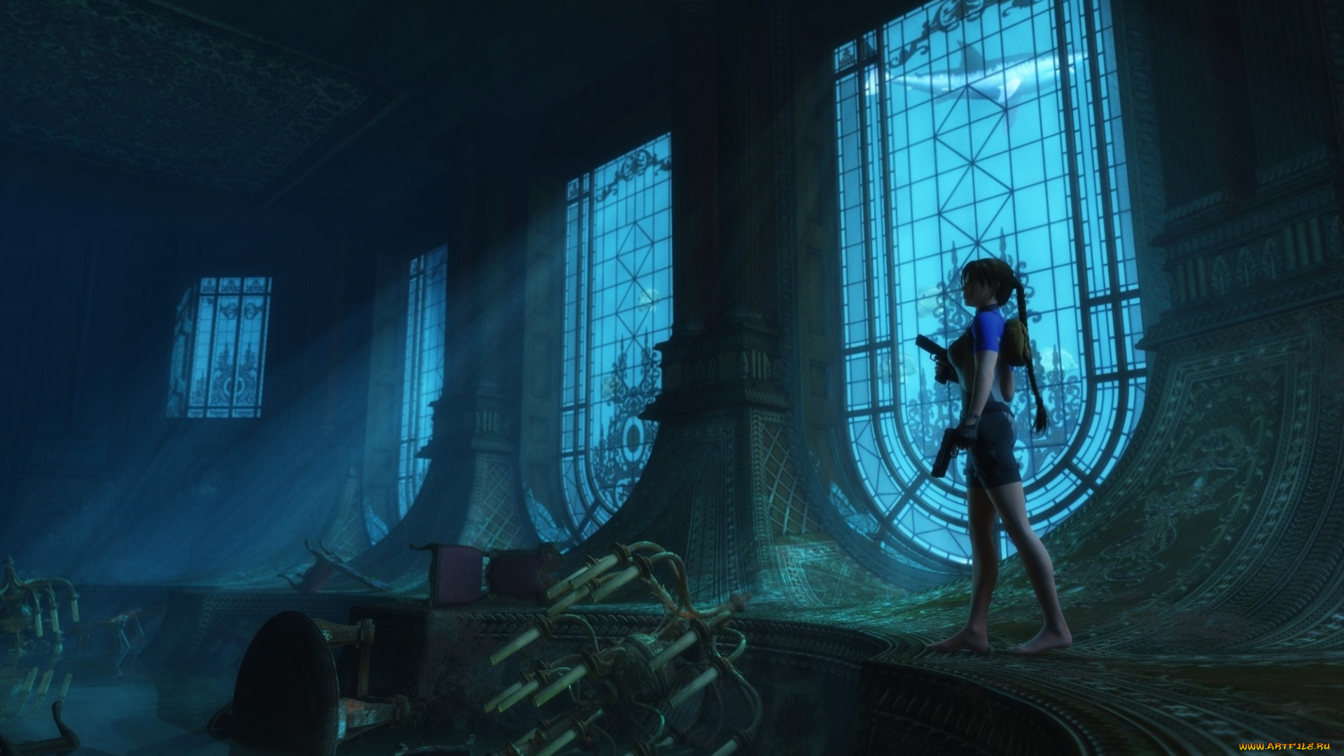 3д, графика, fantasy, фантазия, оружие, здание, девушка