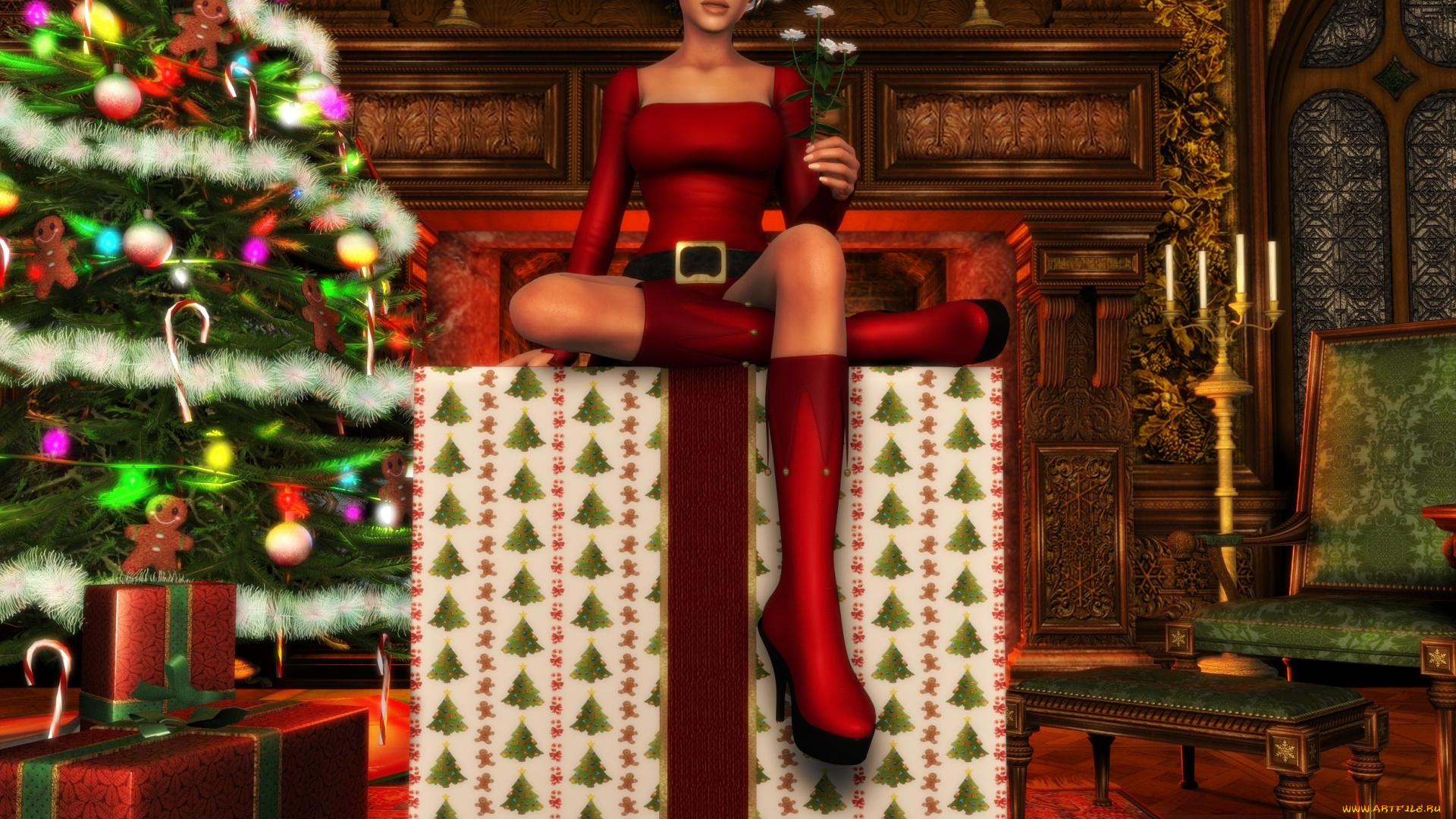 3д, графика, holidays, праздники, ель, девушка