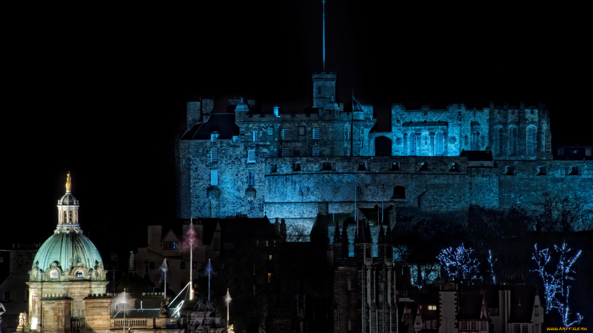 edinburgh, castle, шотландия, города, эдинбург, замок, ночь, огни
