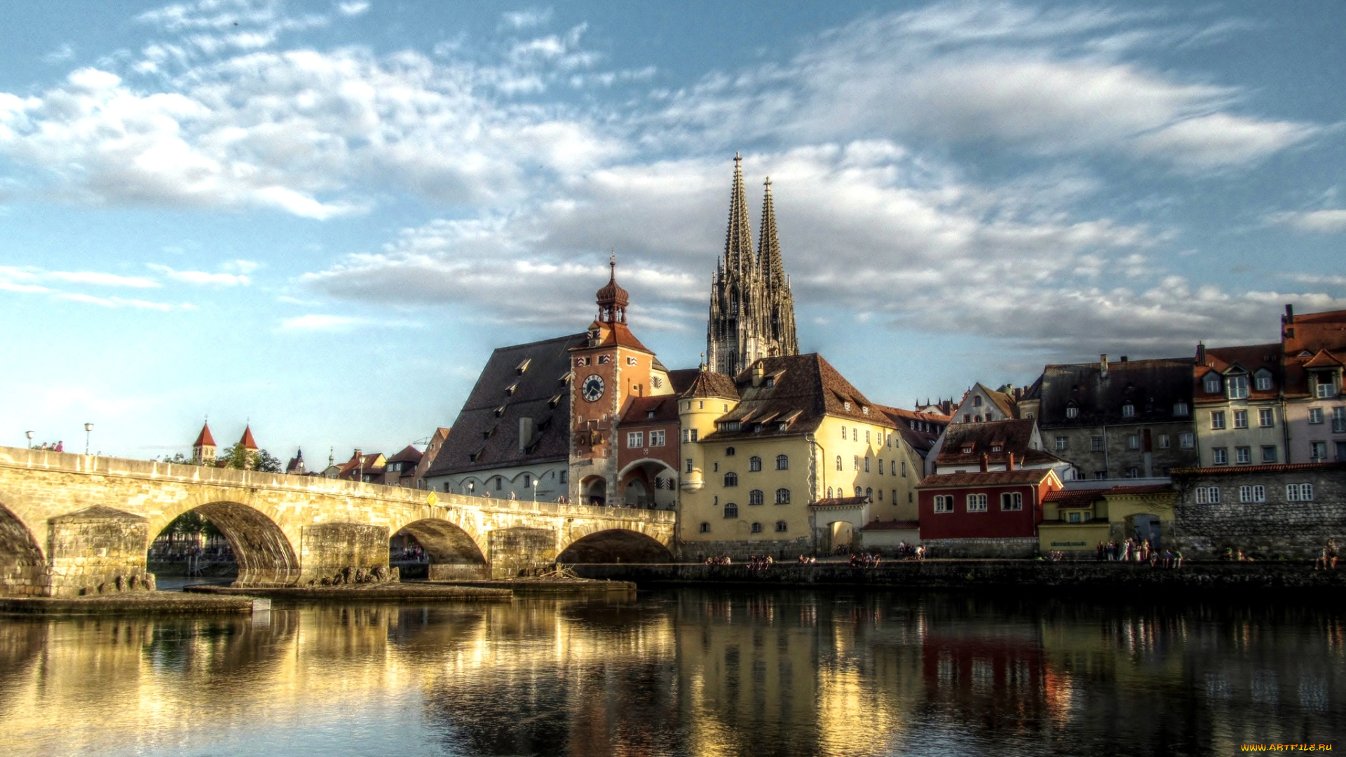 города, регенсбург, германия, мост, собор