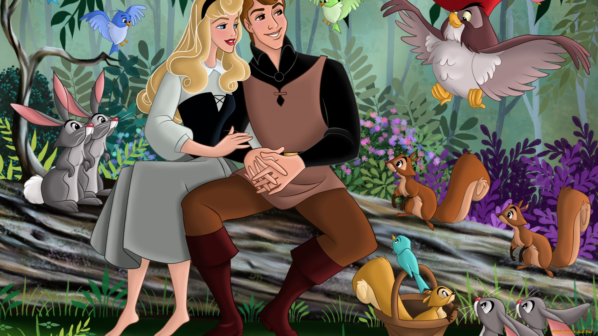 мультфильмы, sleeping, beauty, птицы, звери, девушка