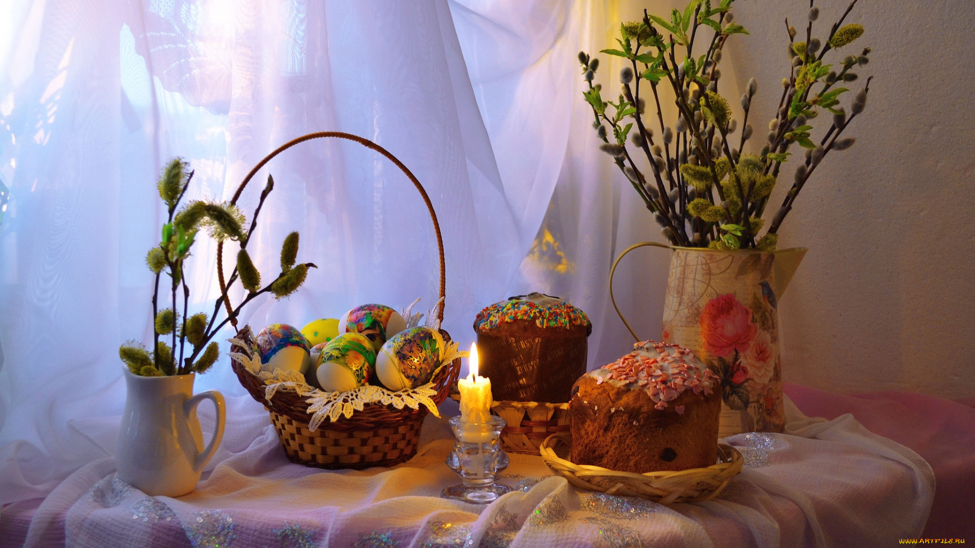 праздничные, пасха, яйца, свеча, верба, кулич, корзинка