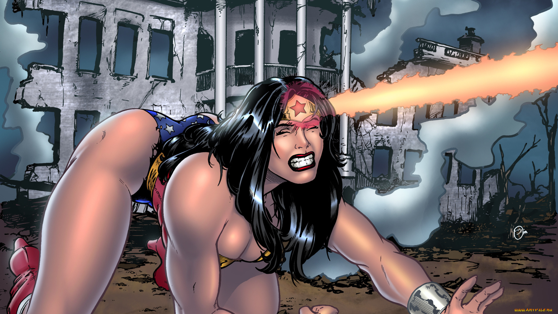 рисованные, комиксы, девушка, руины