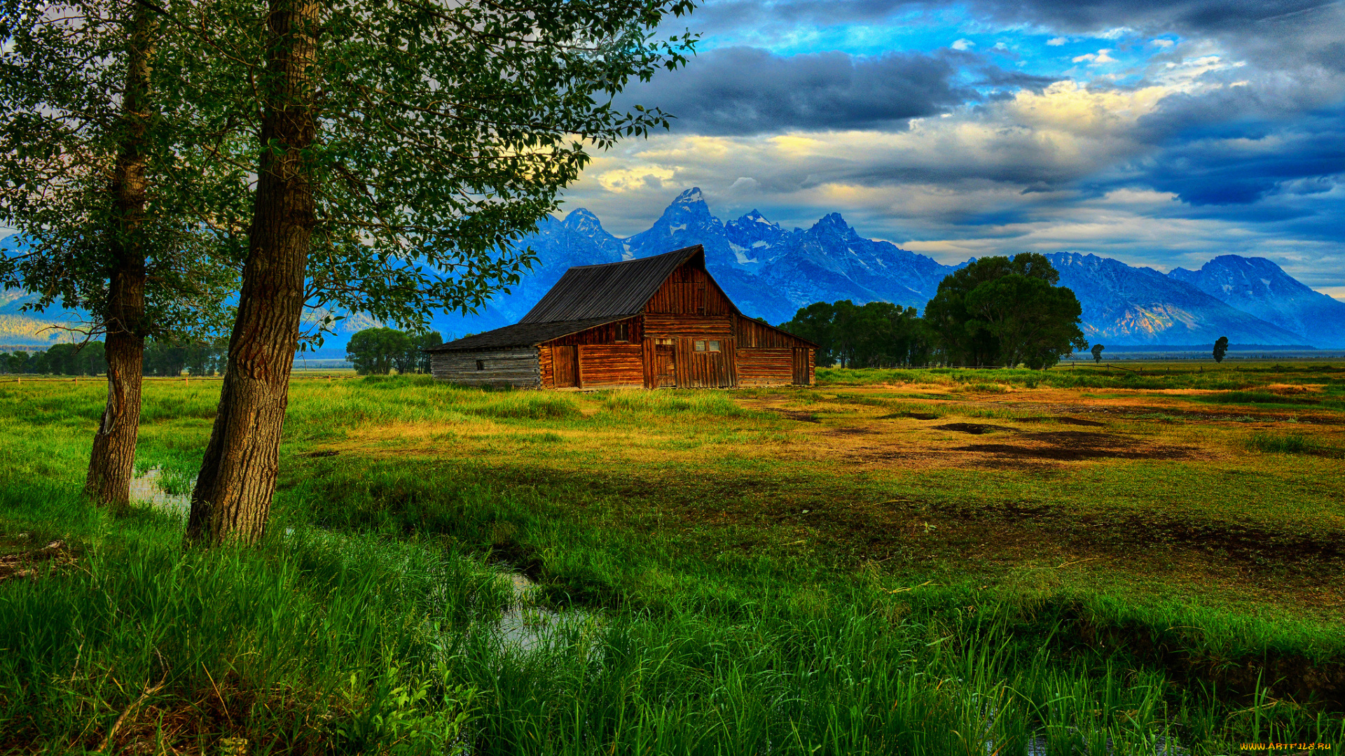 thomas, moulton, barn, grand, teton, national, park, wyoming, природа, пейзажи, хижина, деревья, ручей, горы