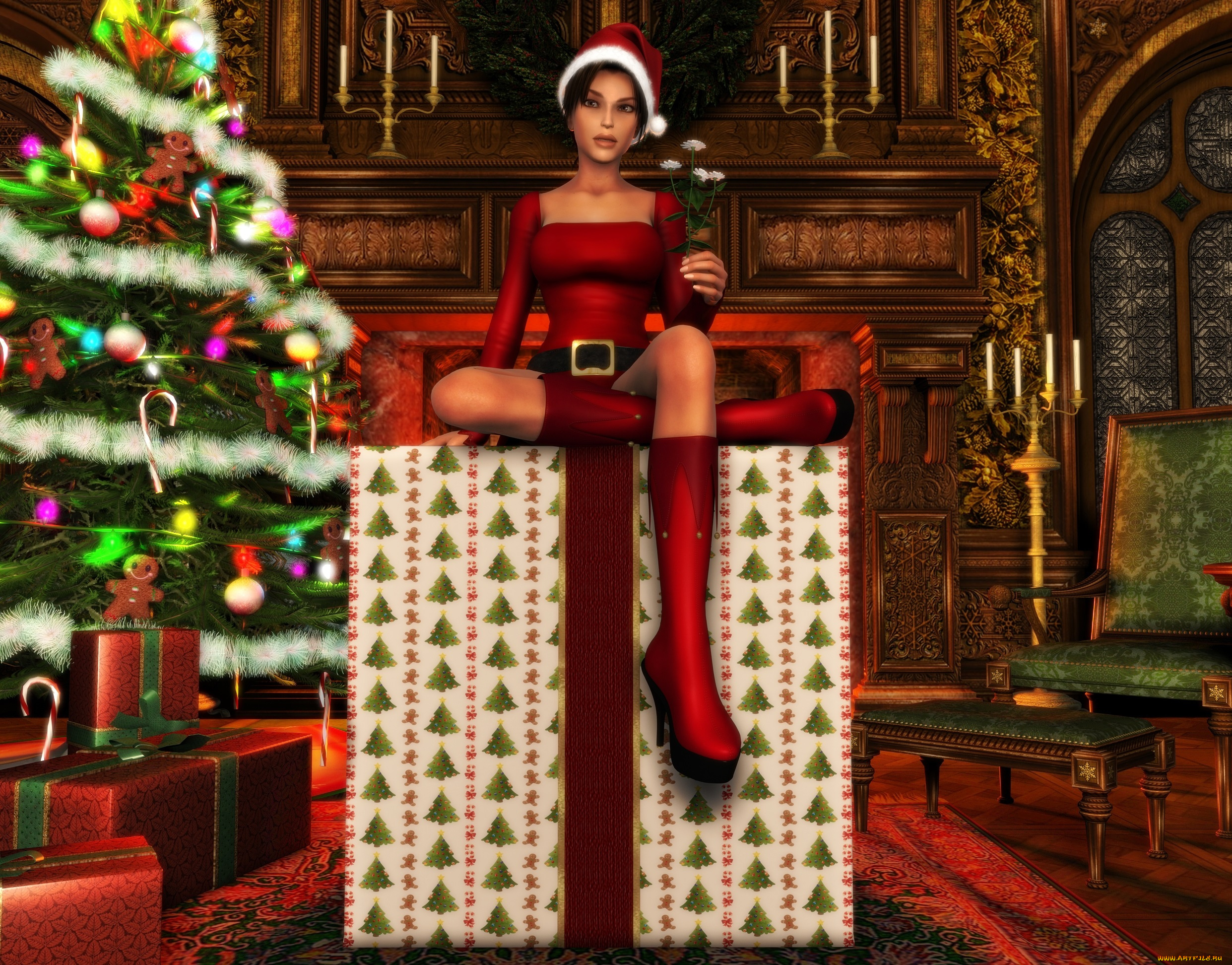 3д, графика, holidays, праздники, ель, девушка