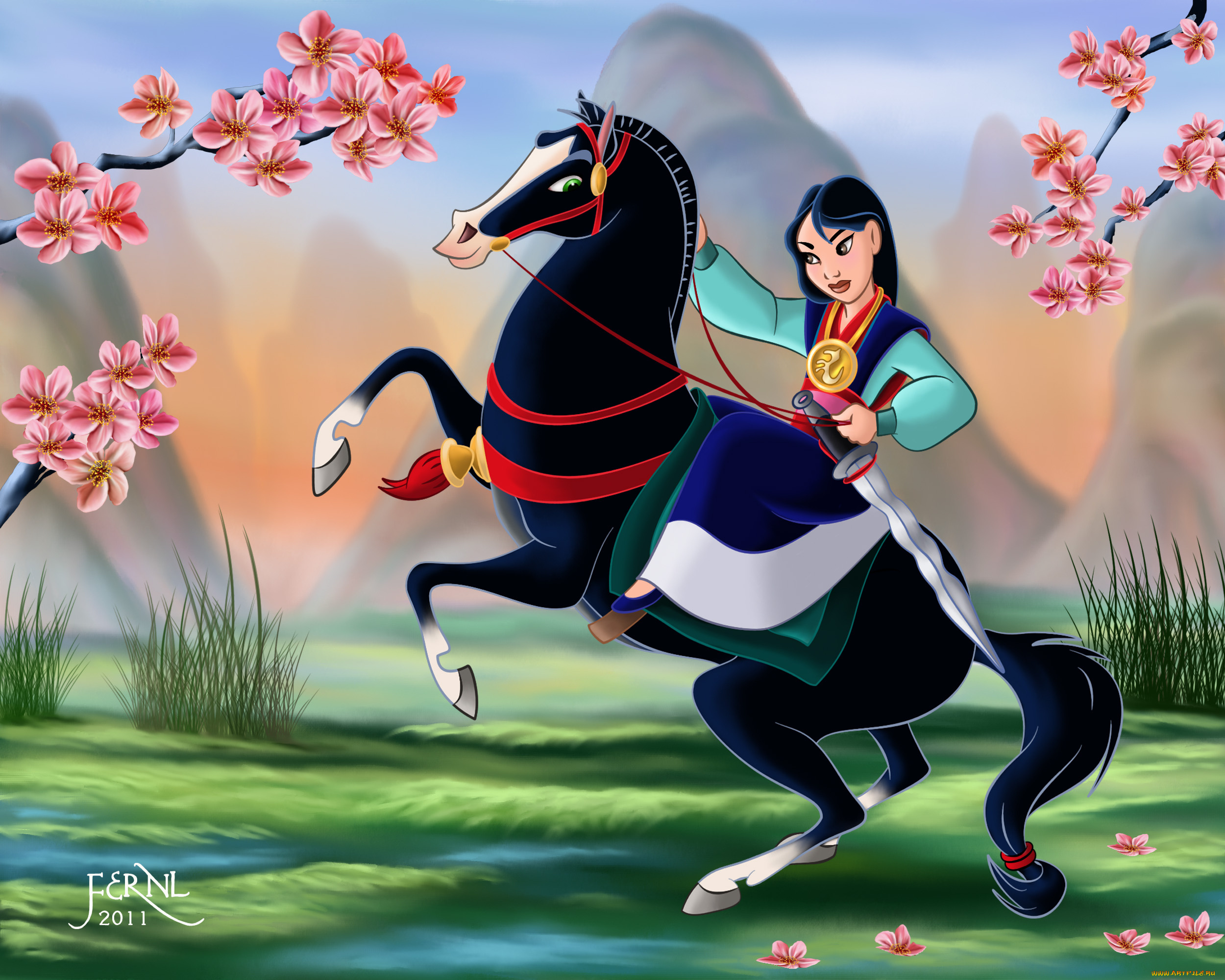 мультфильмы, mulan, лошадь, девушка