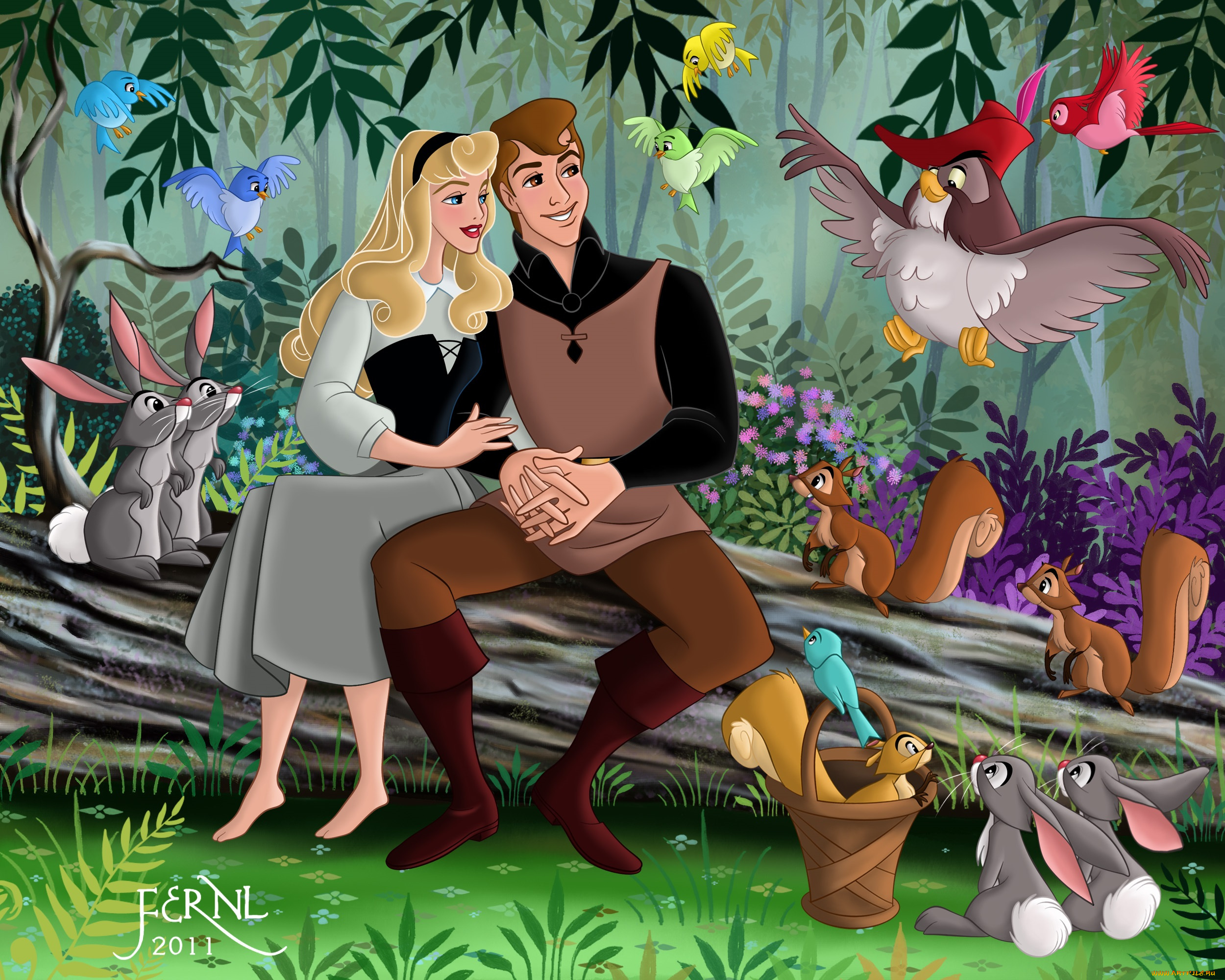 мультфильмы, sleeping, beauty, птицы, звери, девушка