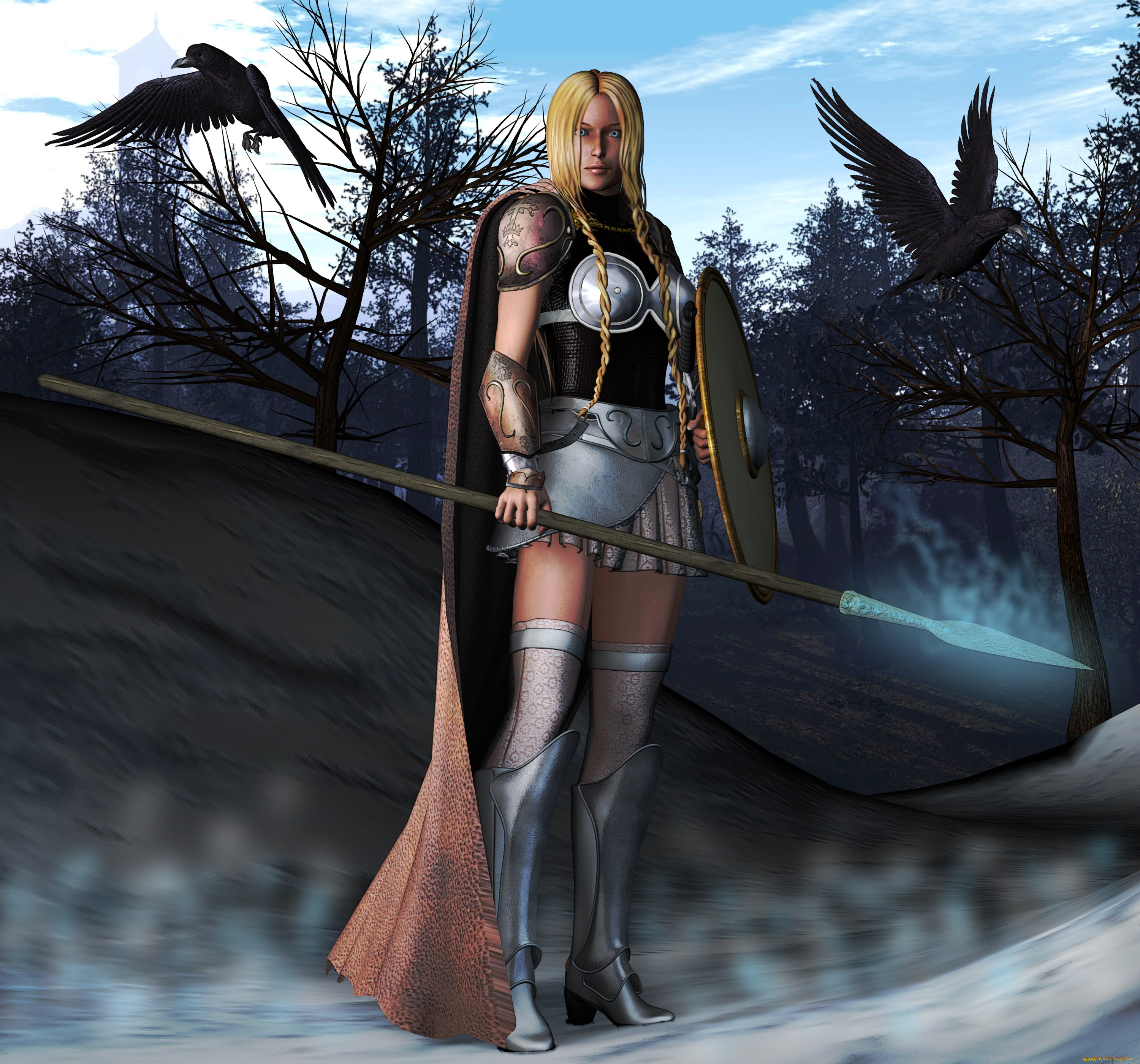 3д, графика, amazon, амазонки, девушка, вороны