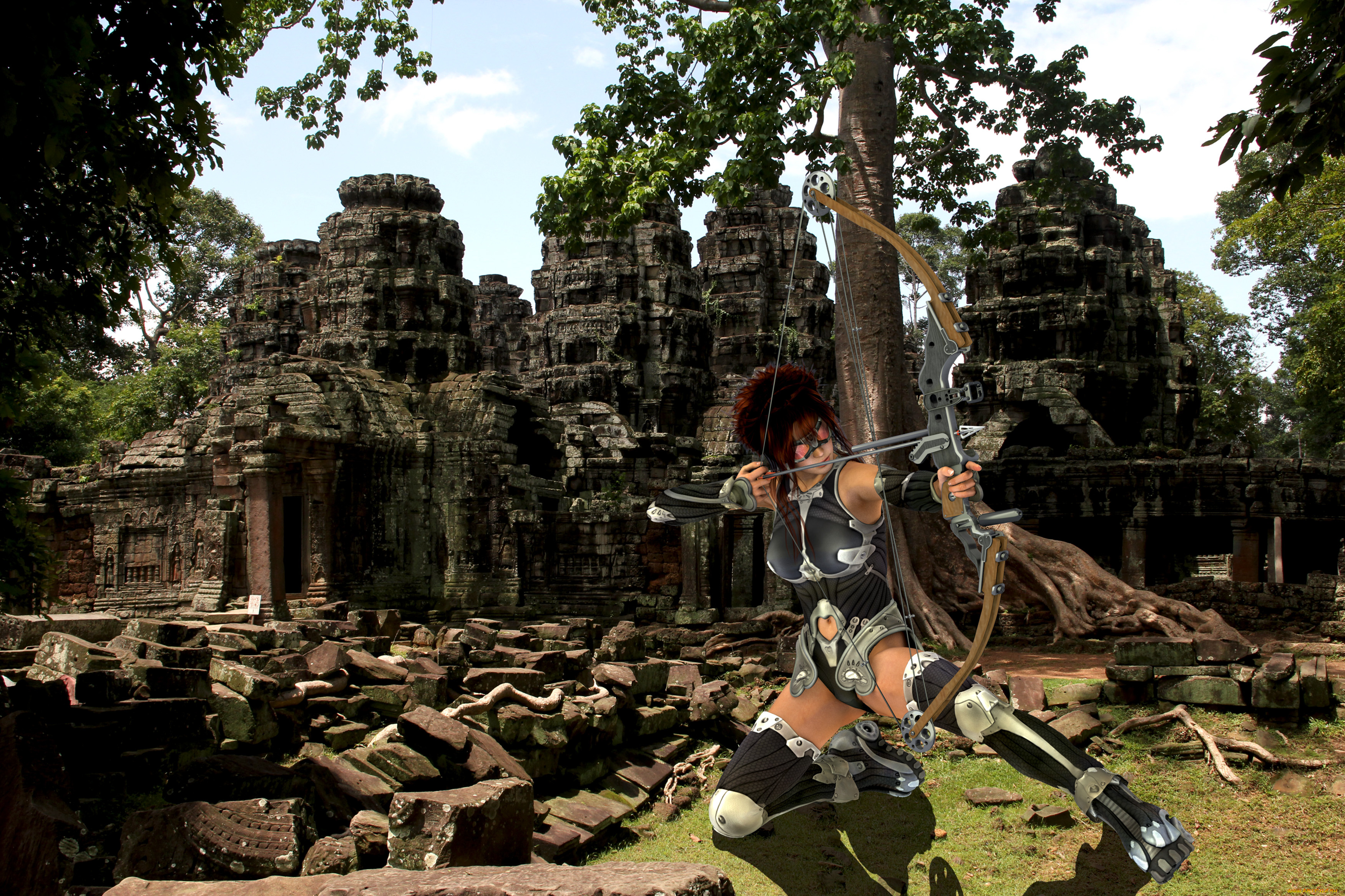 3д, графика, amazon, амазонки, стрела, лук, дерево, камни, руины, лучница