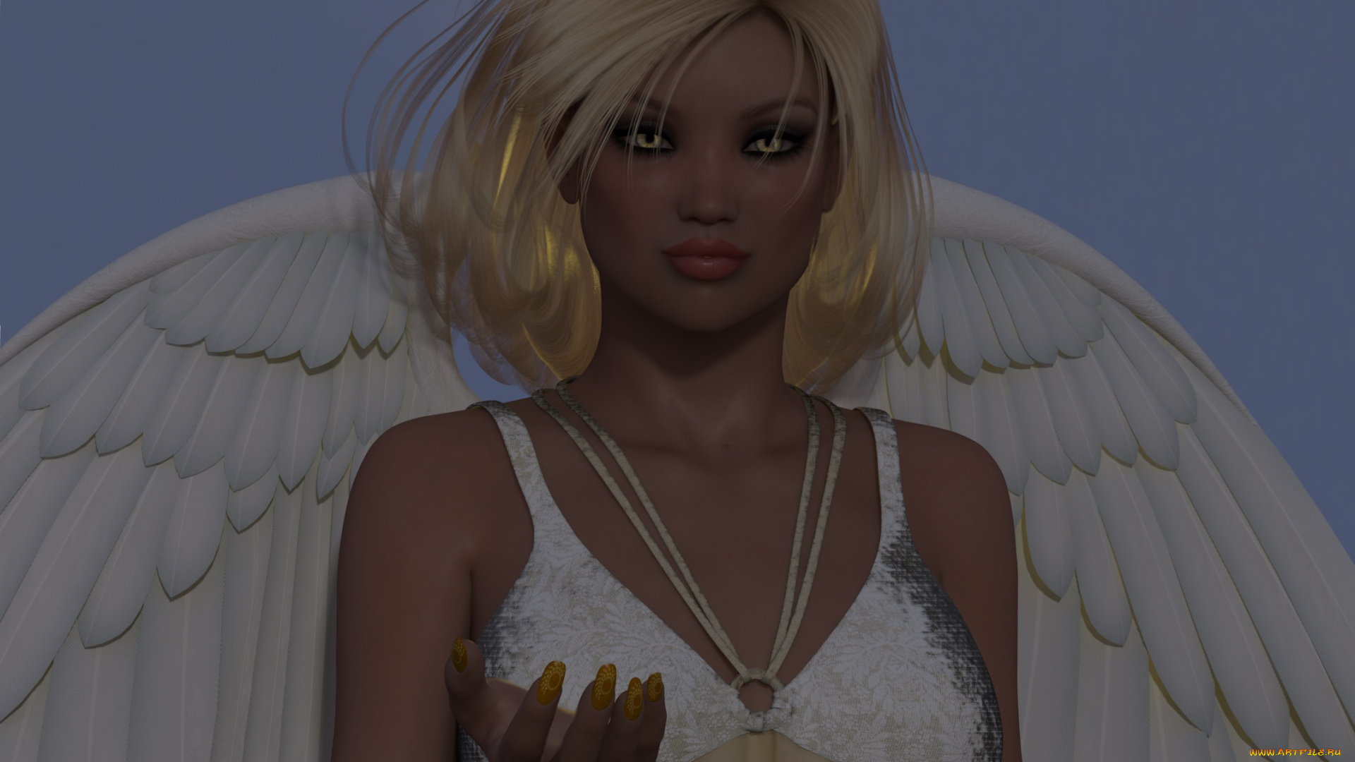 3д, графика, angel, , ангел, блондинка, крылья, девушка, взгляд
