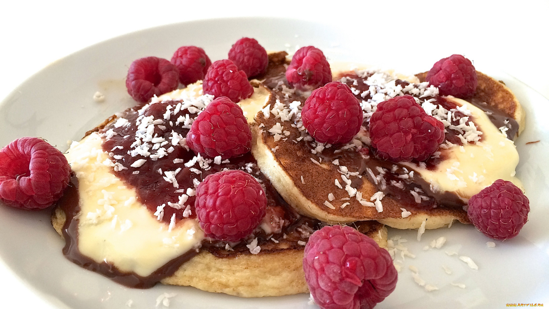 еда, блины, , оладьи, ягоды, малина, оладьи