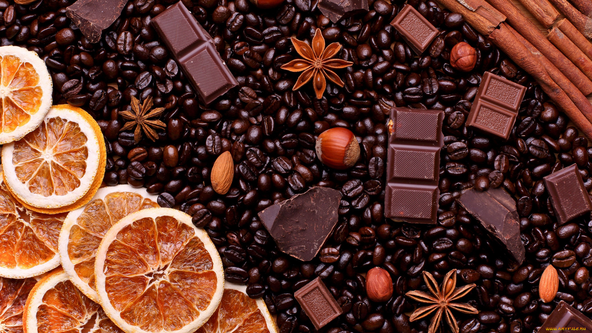 еда, разное, кофейные, зёрна, шоколад, орехи, корица, апельсин