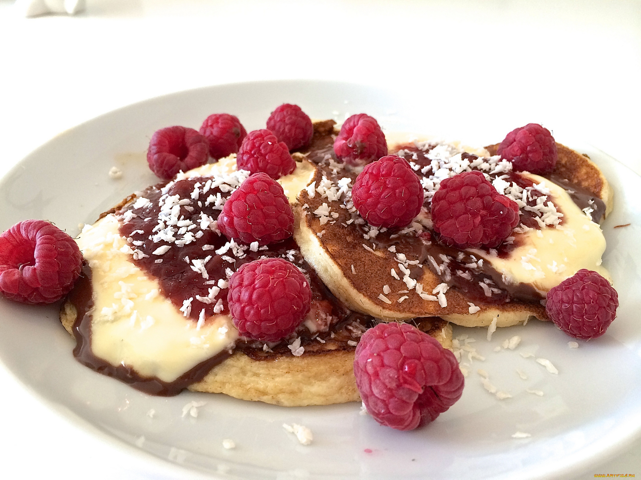 еда, блины, , оладьи, ягоды, малина, оладьи