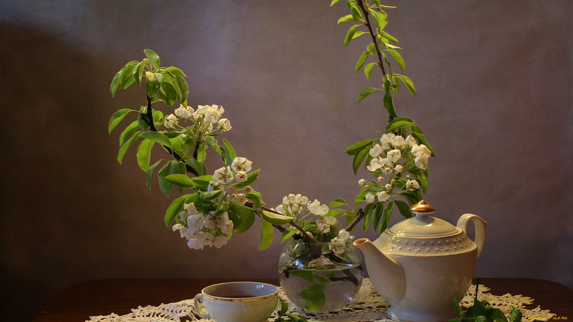 еда, напитки, , Чай, цветение, ветки, чашка, натюрморт, груша, чай, чайник
