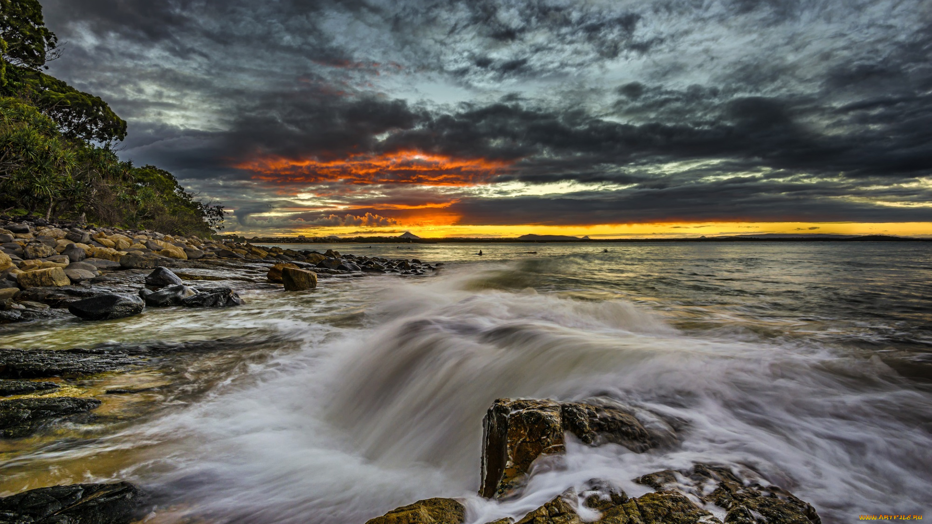 природа, побережье, горизонт, океан, скалы, тучи