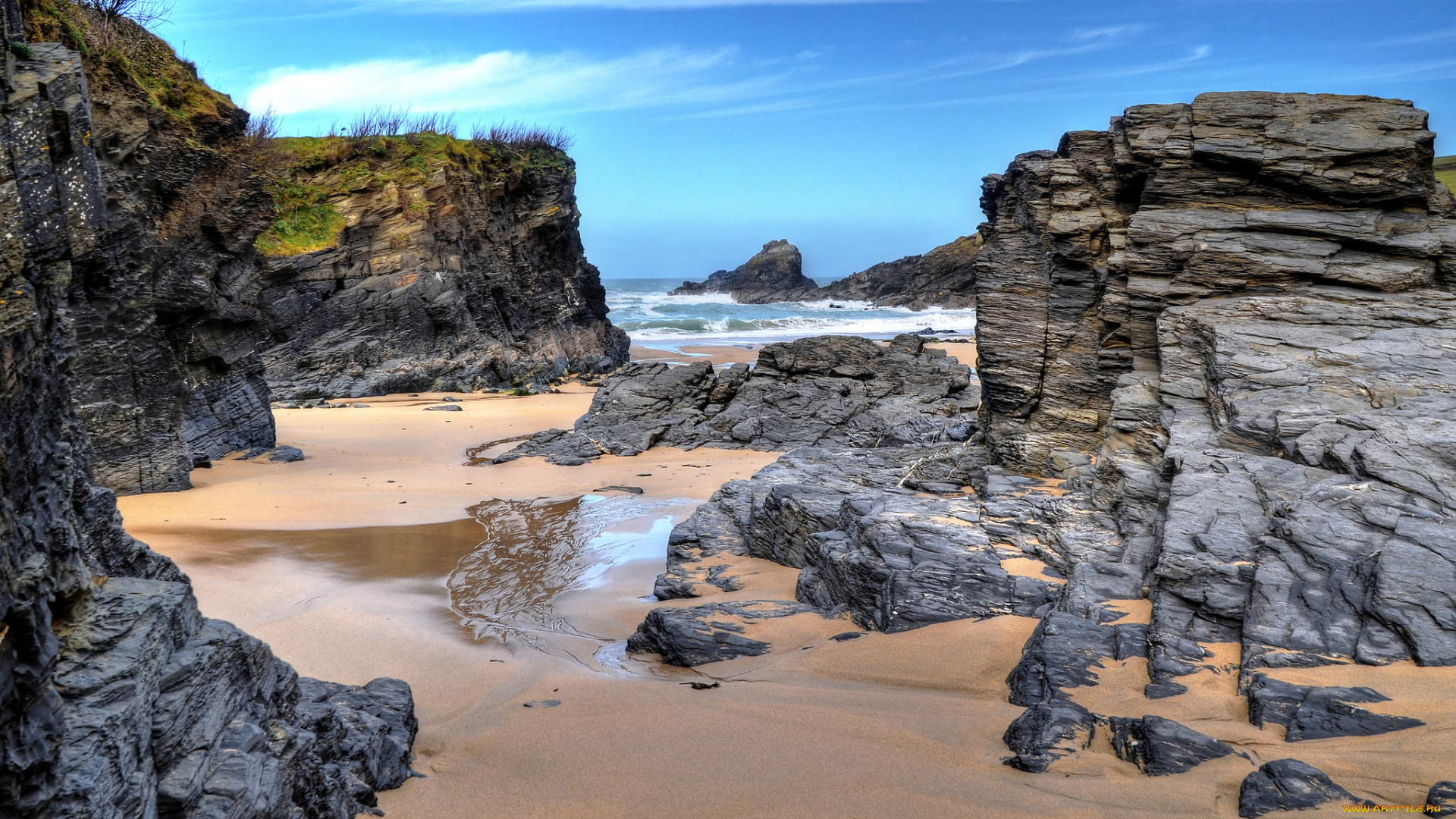 природа, побережье, отлив, океан, скалы, бухта