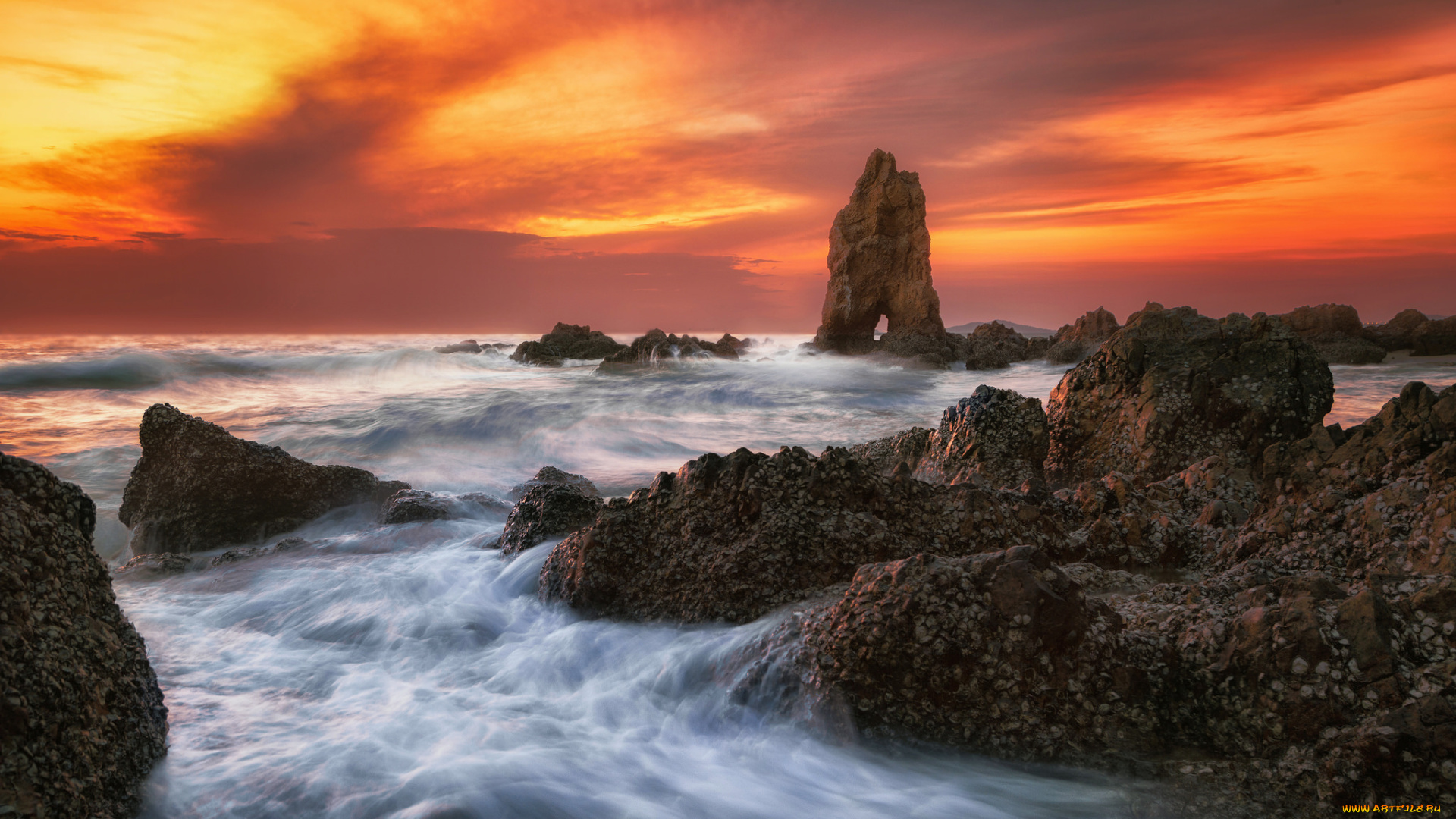 природа, побережье, прибой, зарево, скалы, океан