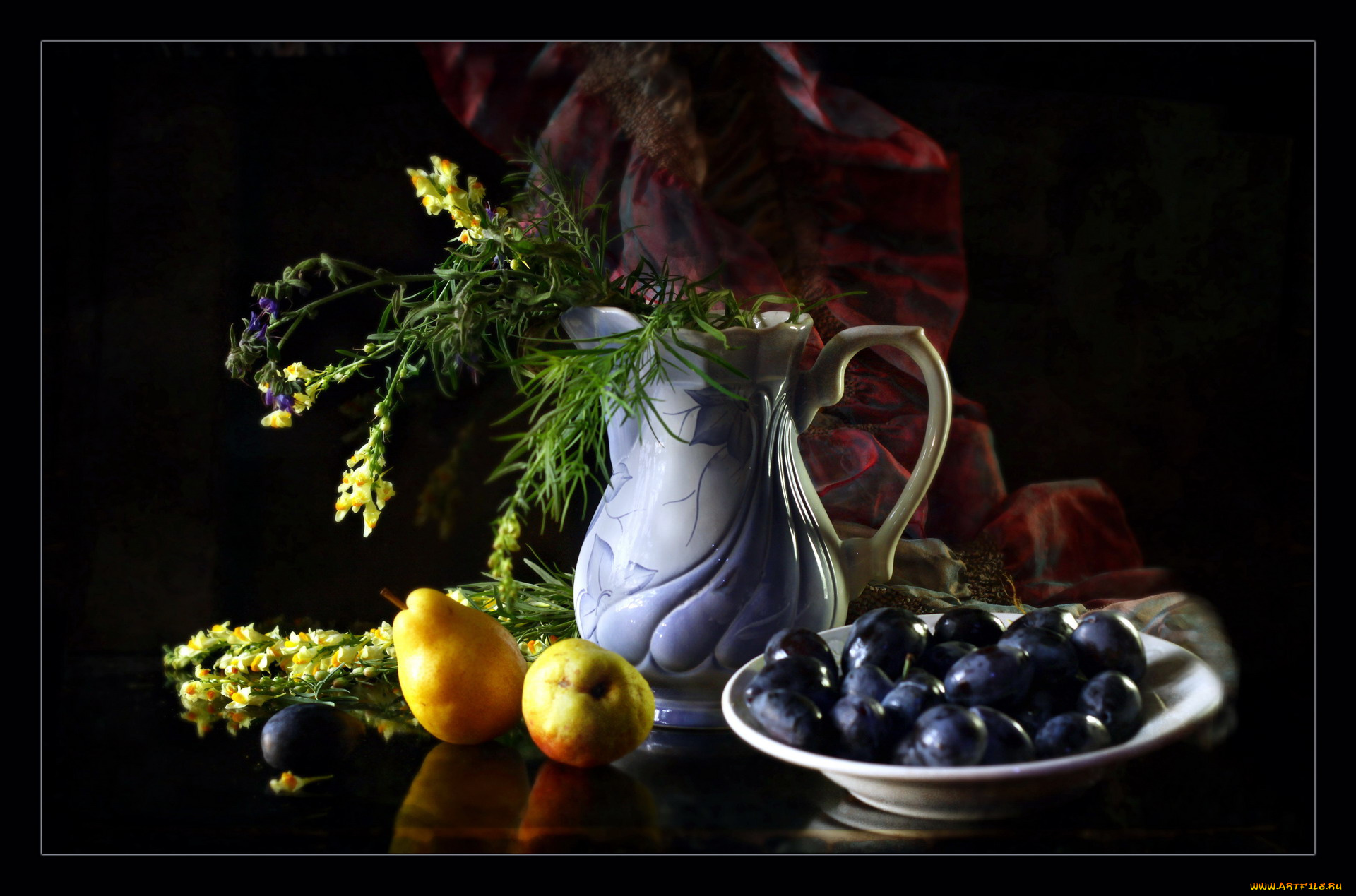 еда, натюрморт, кувшин, груши, сливы