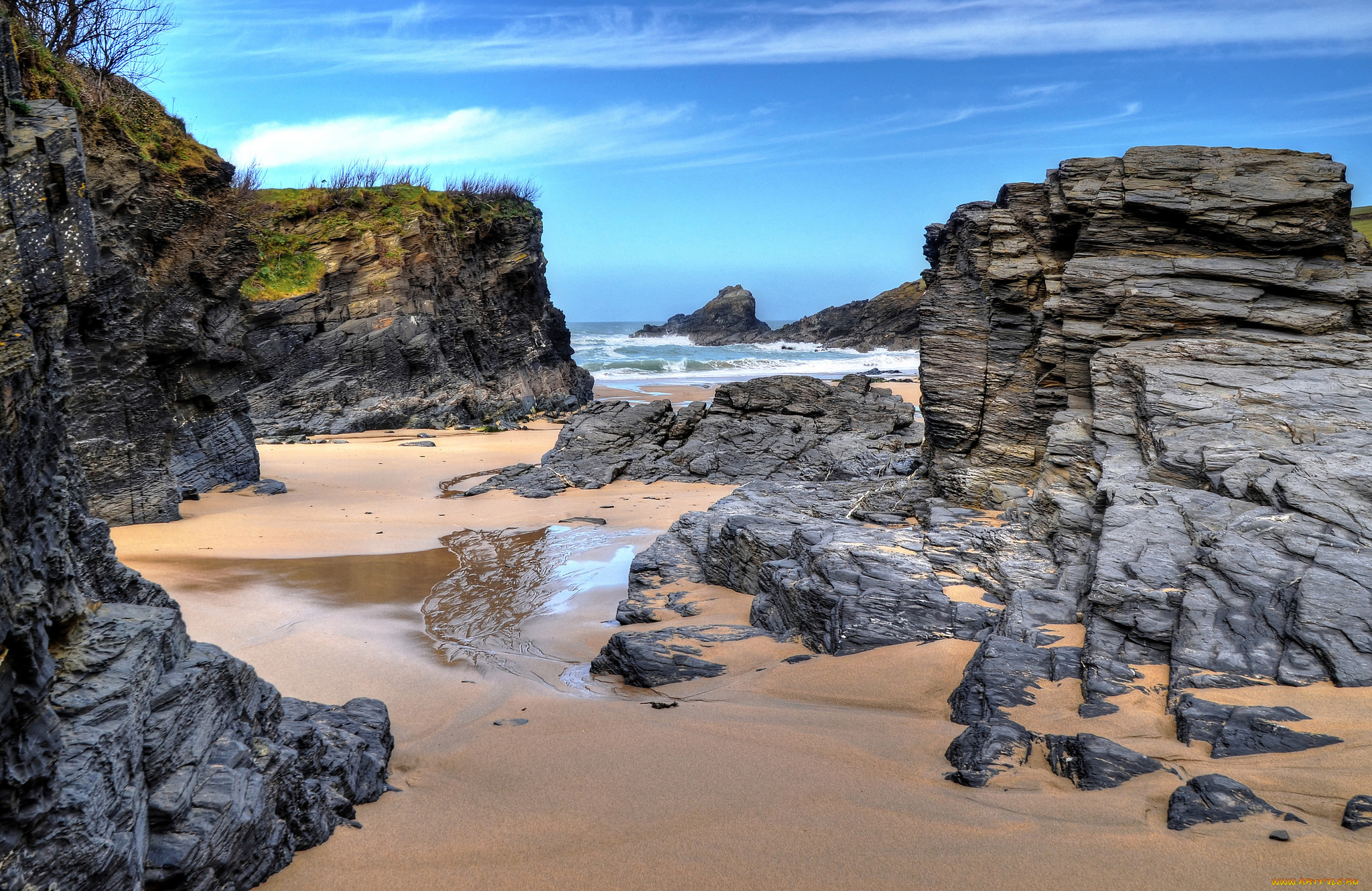 природа, побережье, отлив, океан, скалы, бухта