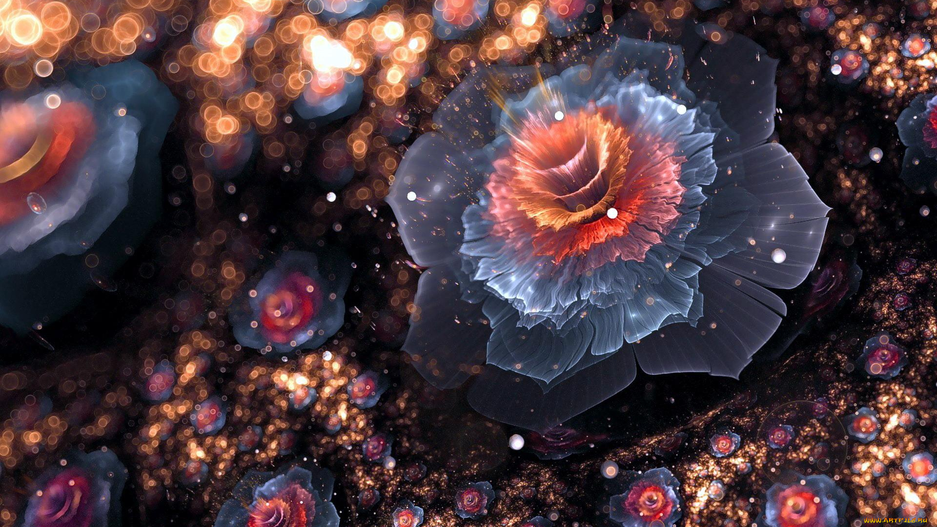 3д, графика, цветы, , flowers, цветы, свет, блестки, блики