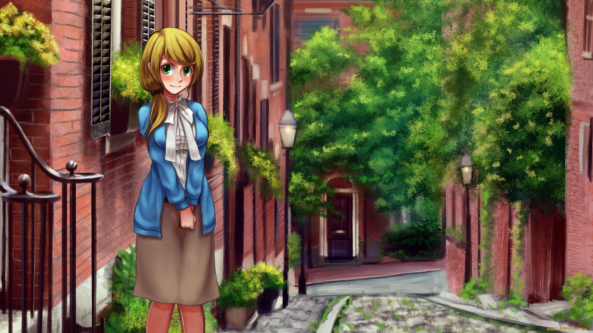 аниме, город, , улицы, , здания, девушка