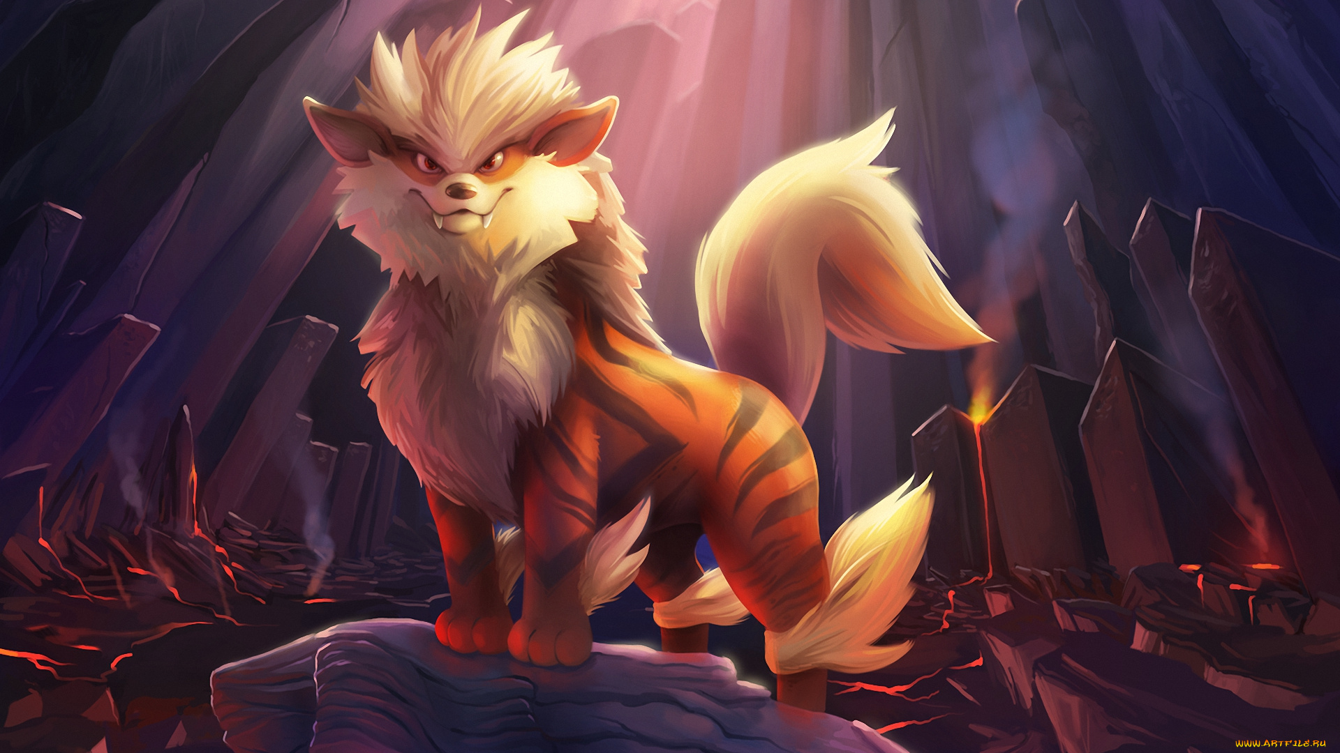 аниме, pokemon, покемон, arcanine, монстр, скала, пещера