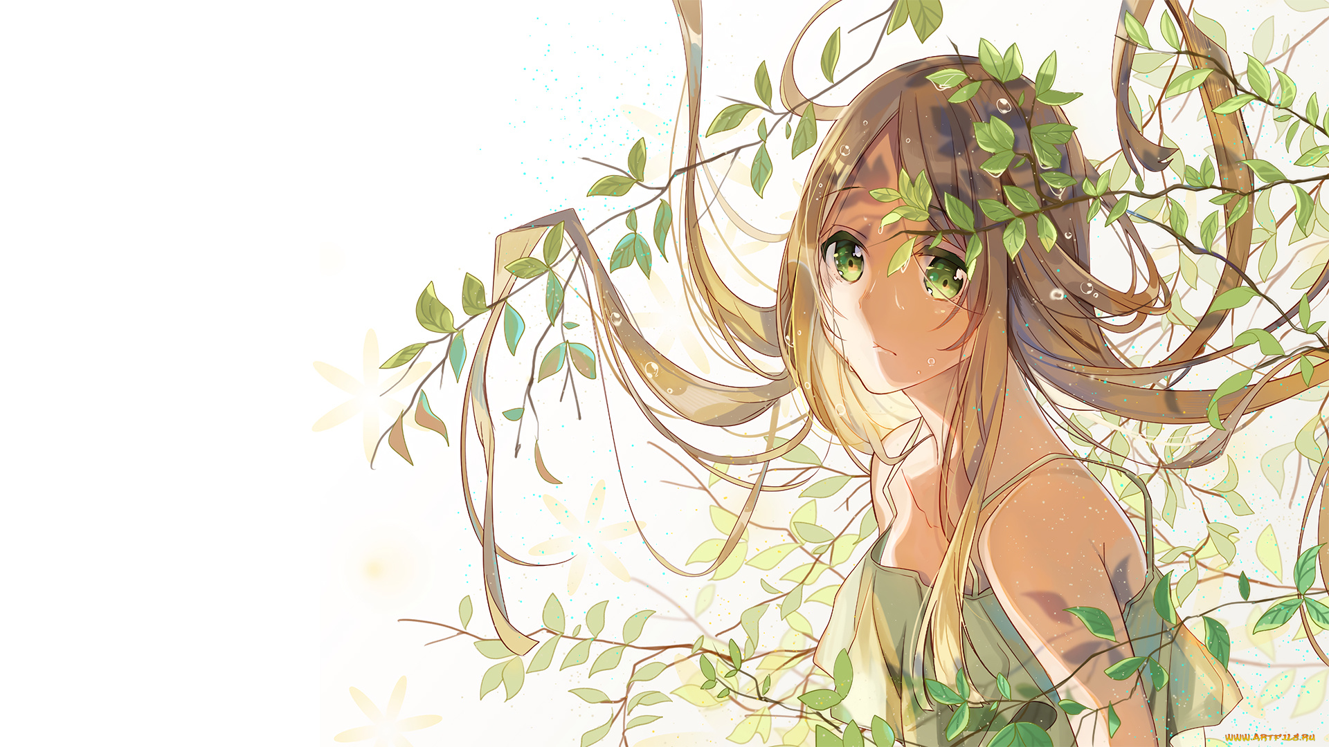 аниме, unknown, , другое, девушка, взгляд, фон, ветки